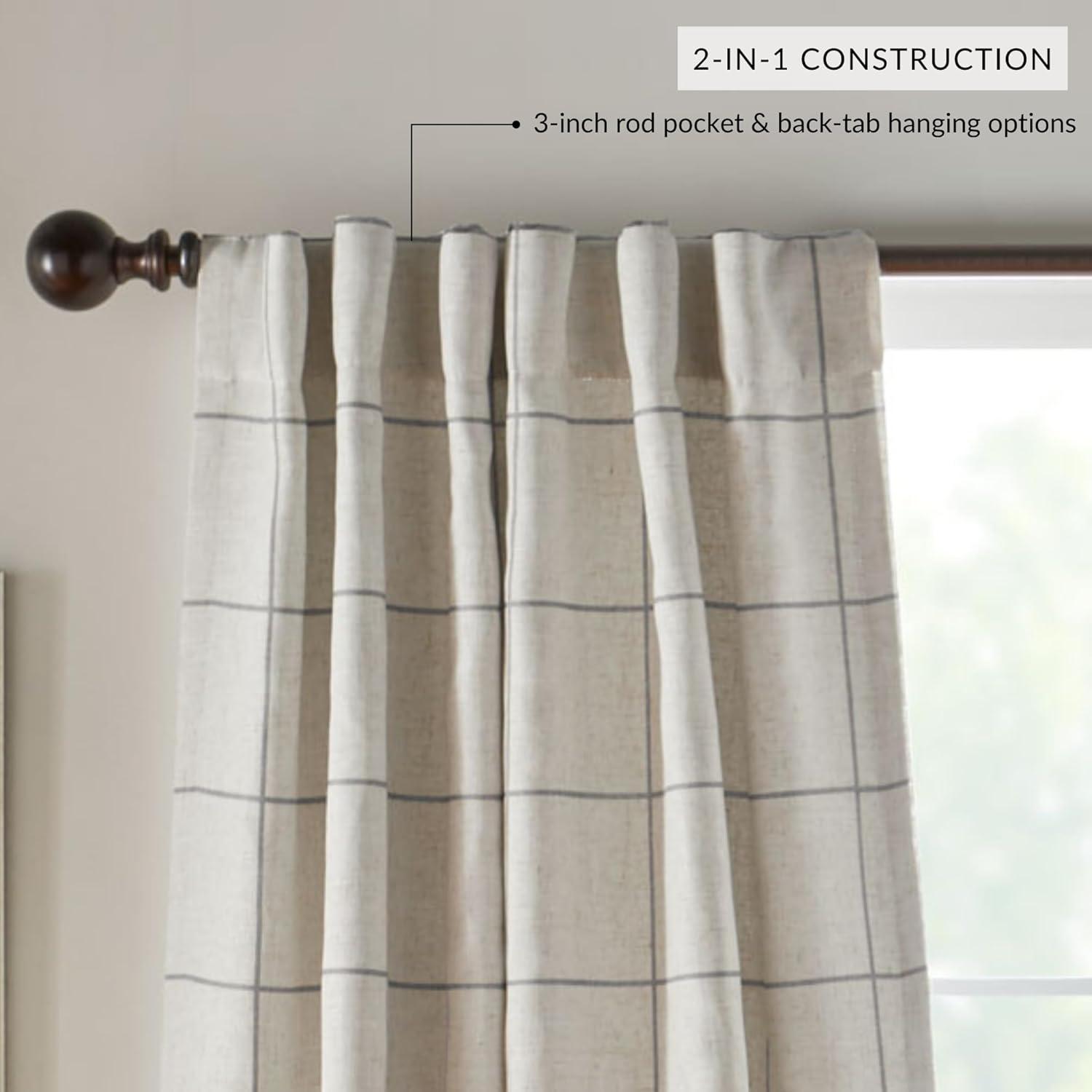 Gray Linen-Blend Blackout Windowpane Plaid Drape Panel