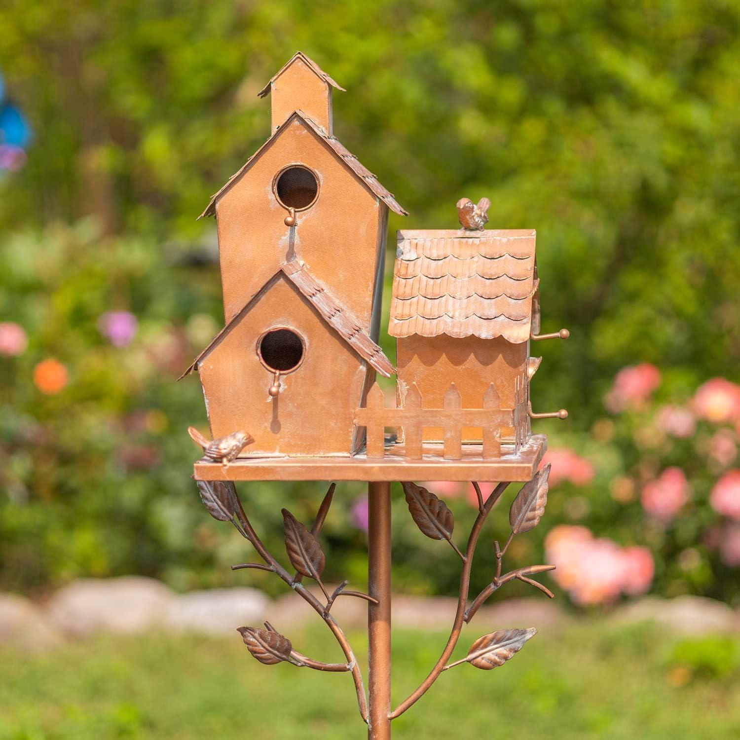 Large Copper Colored Multi-Birdhouse Stakes, Room for 4 Bird Families in Each (Castle Home)