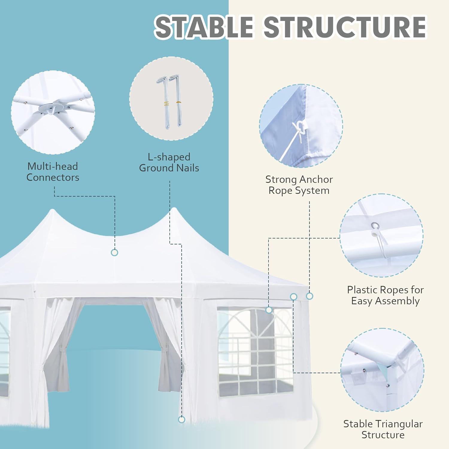 White Hexagonal Party Tent with Peaked Canopy and Removable Sidewalls