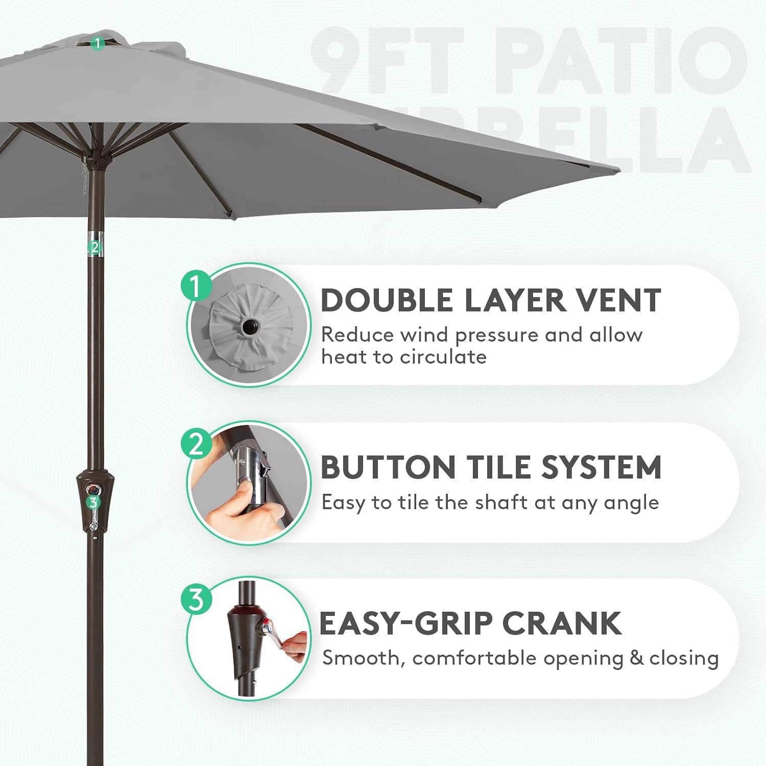 JUSTLET 9' Outdoor Market Patio Umbrella W/ Push Button Tilt And Crank, Light Gray