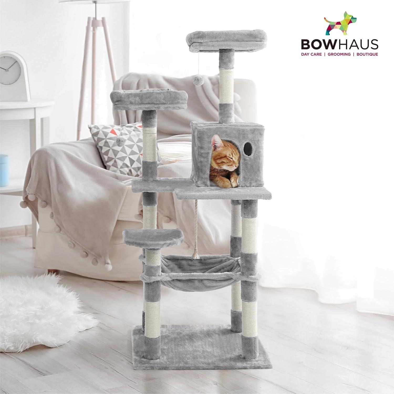 CAPHAUS Tall Cat Tree for Indoor Cats, Modern Cute 58-Inch Cat Climbing Play Tower with Top Perch for Large Cats Kittens, Multi-Level Cat Activity Tree w Scratching Posts, Hammock, Cat Cave Condo