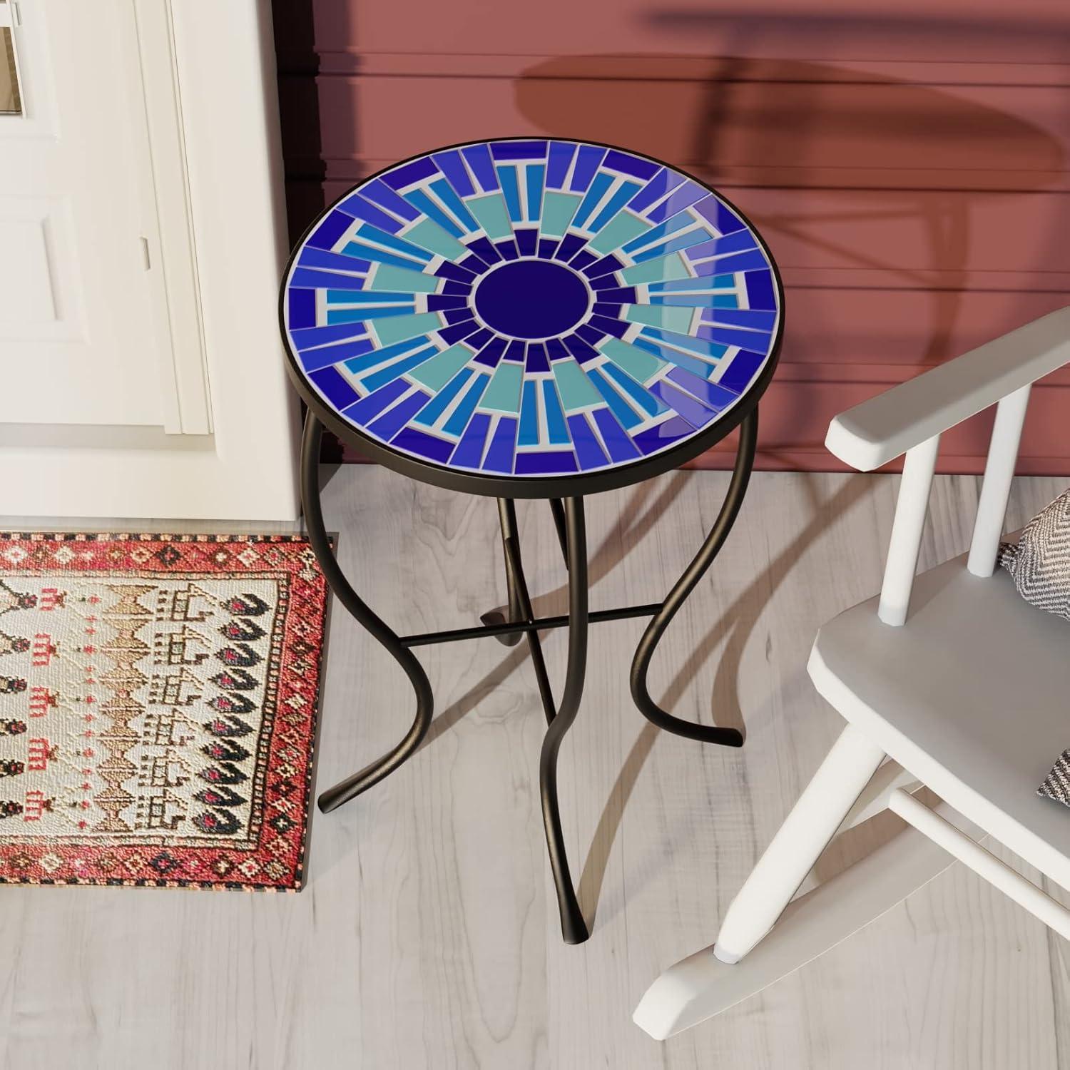 Outdoor Patio Side Table Round Ceramic Tile End Table Blue
