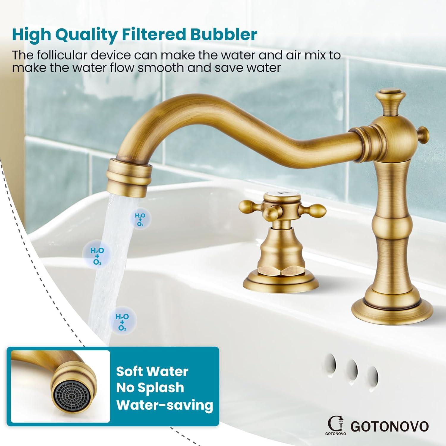 gotonovo Bathroom Faucet 3 Hole 8 Inch Widespread Bathroom Sink Faucet 2 Cross Handles Vintage Lavatory Vanity Mixer Tap with Pop Up Drain, H C Label, Antique Brass