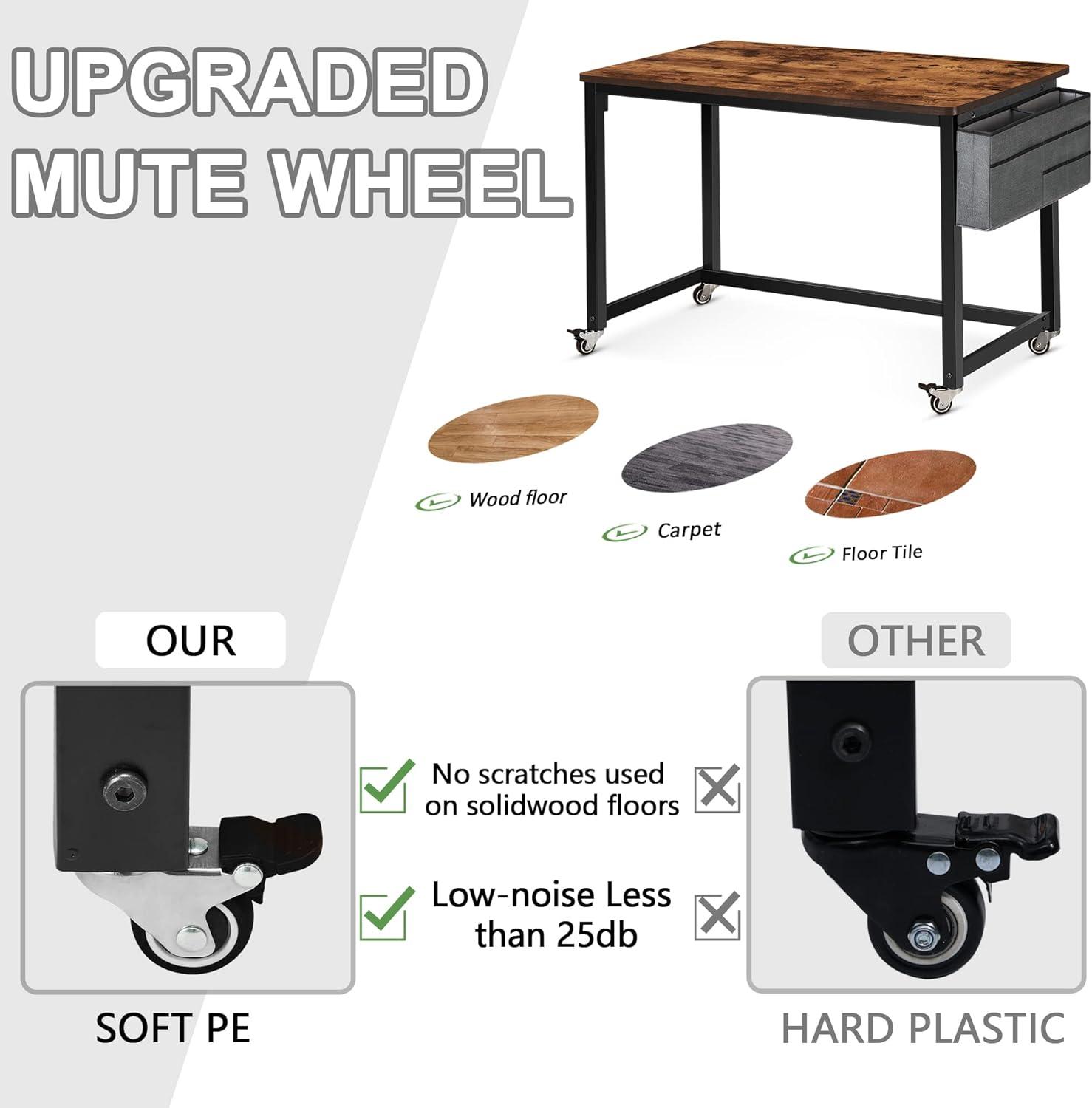 AHB 39" Rolling Computer Desk with 4 Smooth Wheels, Simple Style Mobile Writing Desk Home Office Study Table Movable Workstation with Metal Frame