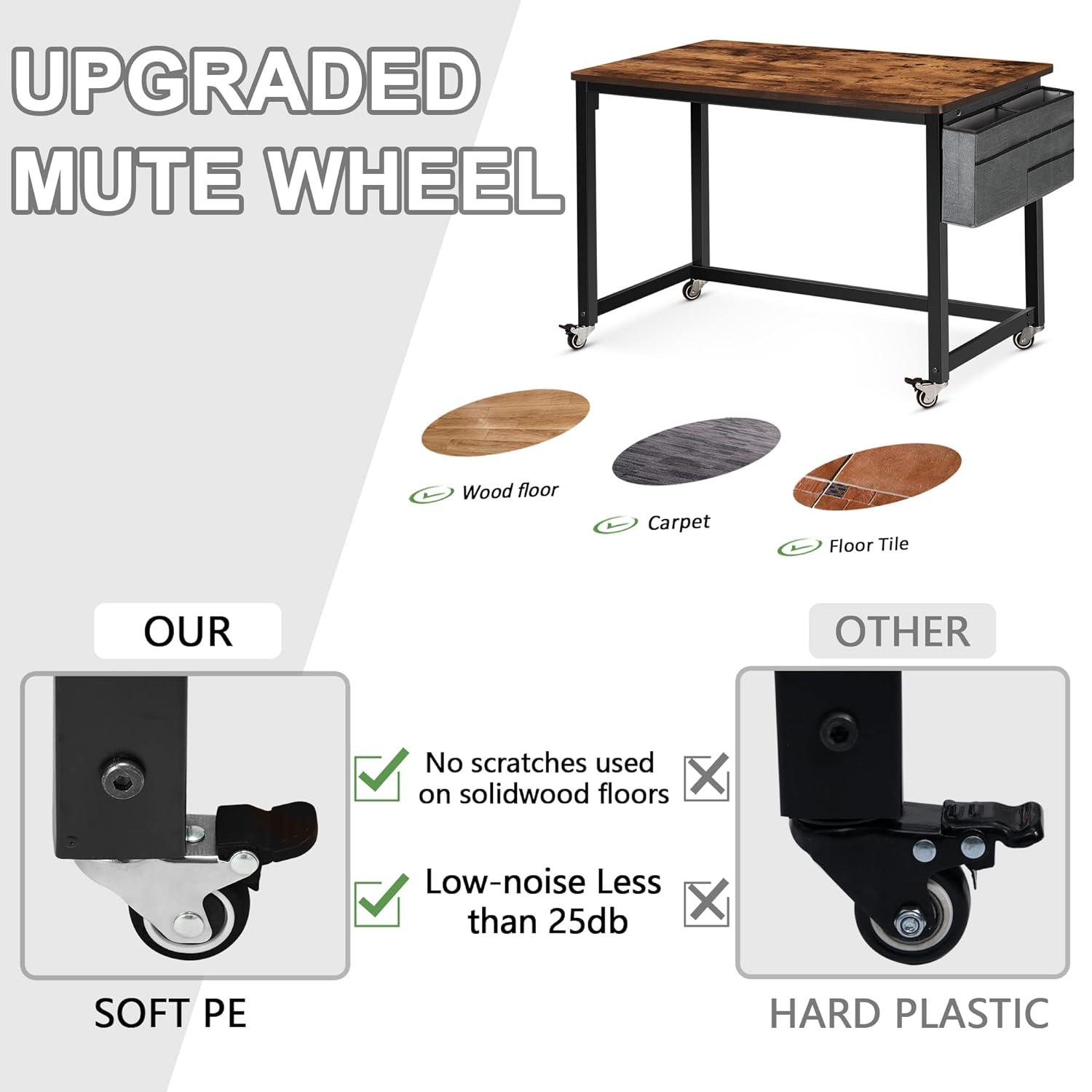 AHB 39" Rolling Computer Desk with 4 Smooth Wheels, Simple Style Mobile Writing Desk Home Office Study Table Movable Workstation with Metal Frame