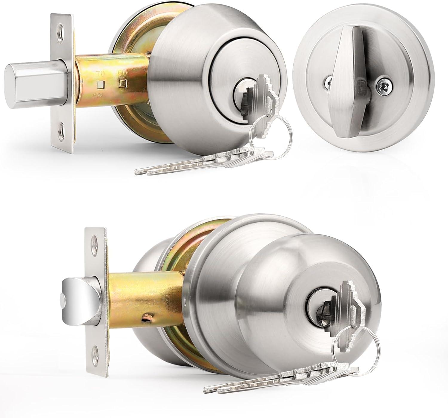 Brushed Nickel Round Stainless Steel Entry Knob and Deadbolt Set