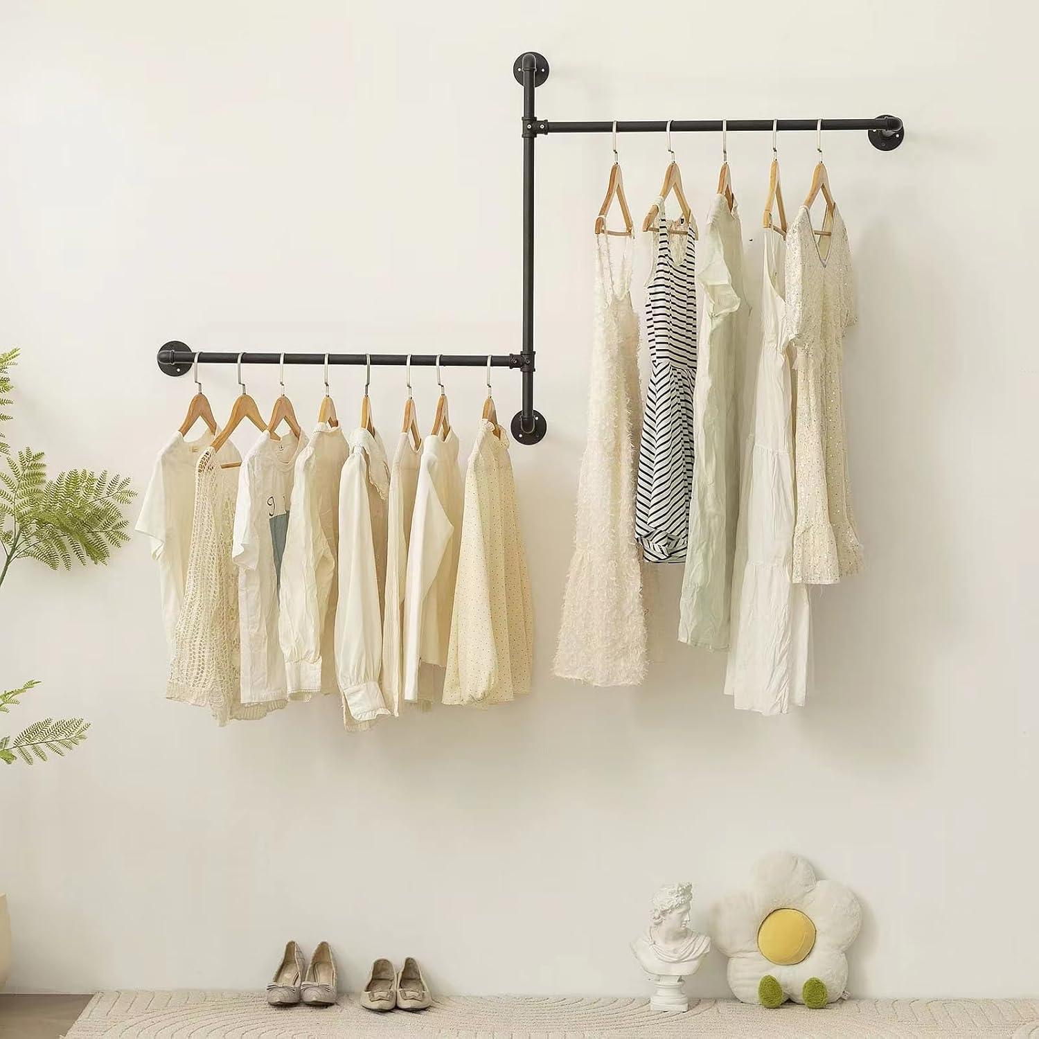 Industrial Pipe Clothes Rack Wall Mounted Clothing Rack,Heavy Duty Iron Pipe Garment Rods,Detachable Multi-Purpose Clothing Hanging Rod/Garment Bar, Black