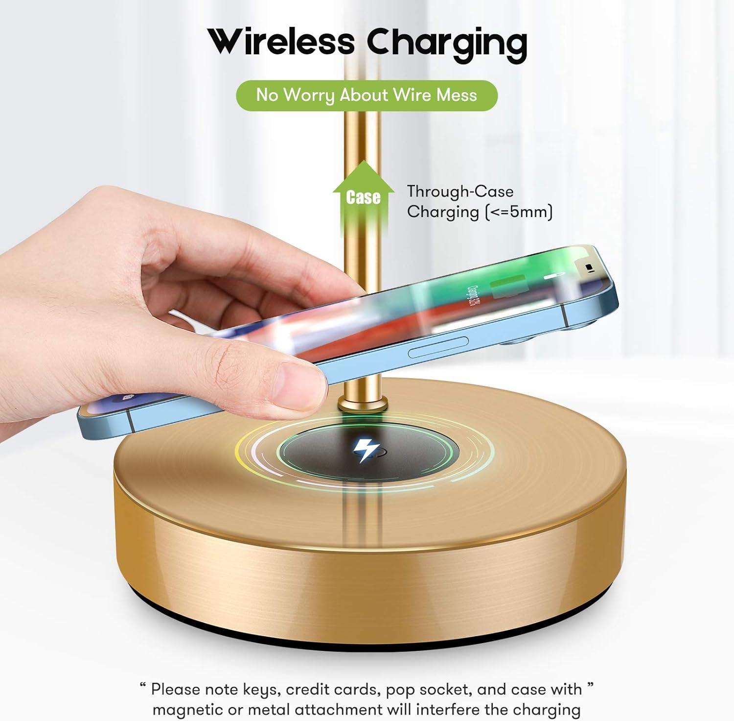 Set of 2 Wireless Charging Industrial Table Lamps Gold 3-Way Touch Control Dimmable Desk Lamp with USB Ports Bedside Lamp with Hanging Seeded Glass Shade for Office Bedroom Living Room, Bulbs Included