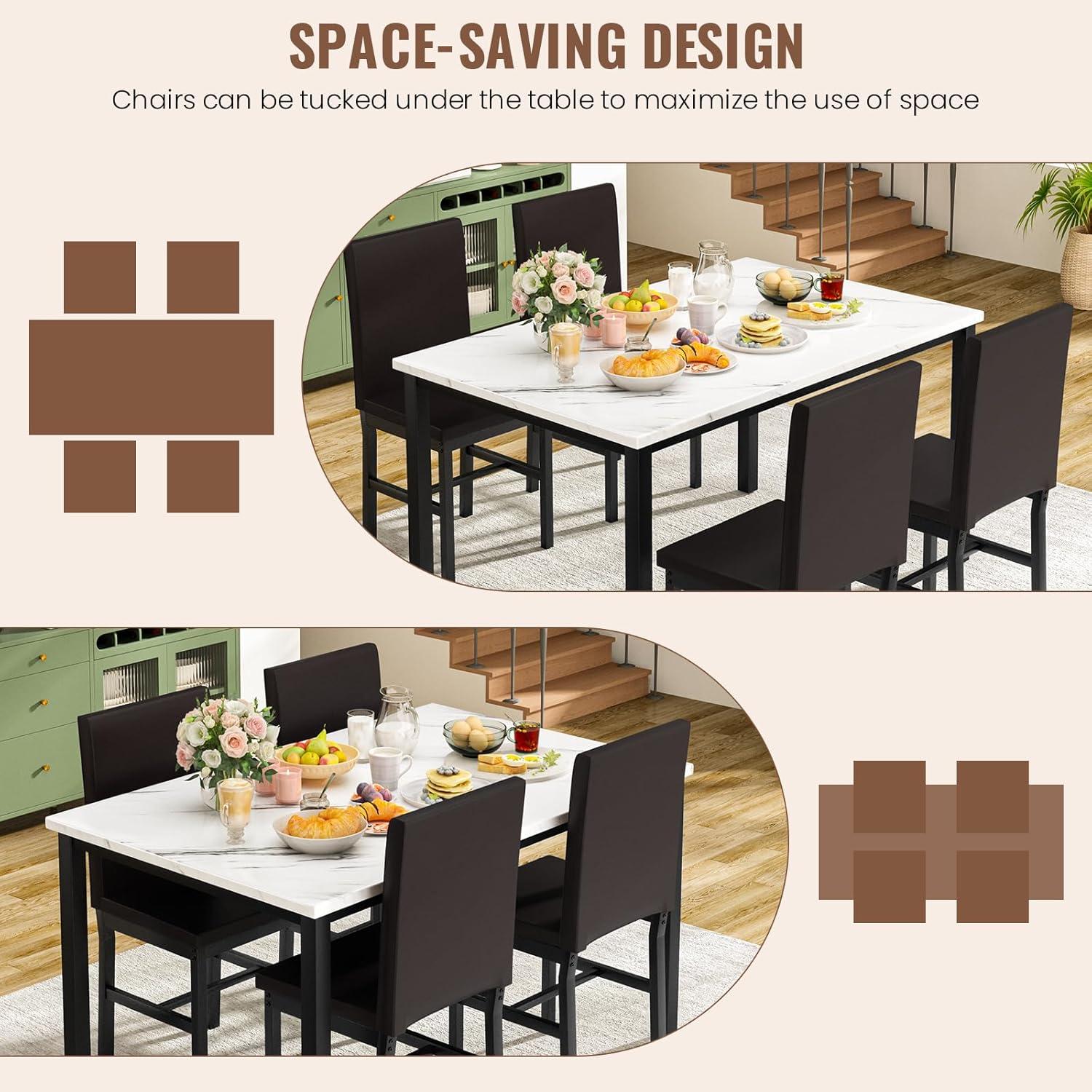 5 Piece Dining Set, Modern Dining Table and Chairs Set for 4, Kitchen Dining Table Set with Faux Marble Tabletop and 4 PU Leather Upholstered Chairs, for Small Space, Breakfast Nook, D8835