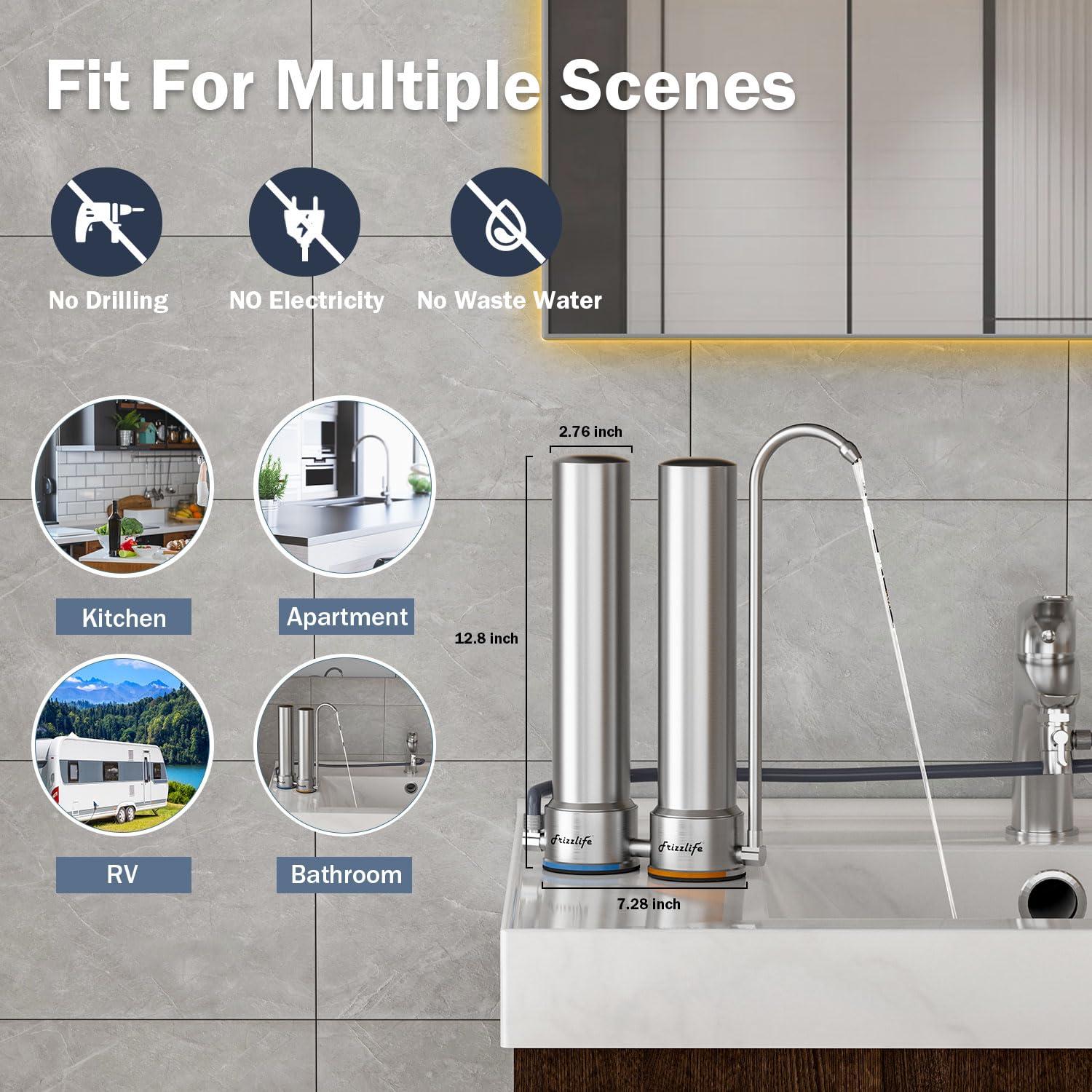 Frizzlife DS99 Dual Countertop Water Filter System, 8-Stage Stainless Steel Faucet Water Filtration System