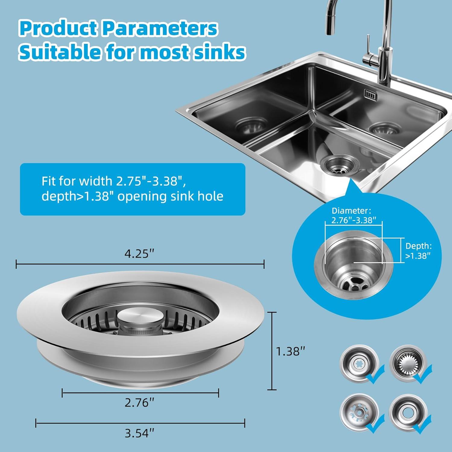 Hibbent 3-in-1 Kitchen Sink Drain Strainer  Stopper , Stainless Steel Pop-Up Design, Anti-Clogging Metal Basket with Handle, Compatible with US Standard 3-1/2" Drain