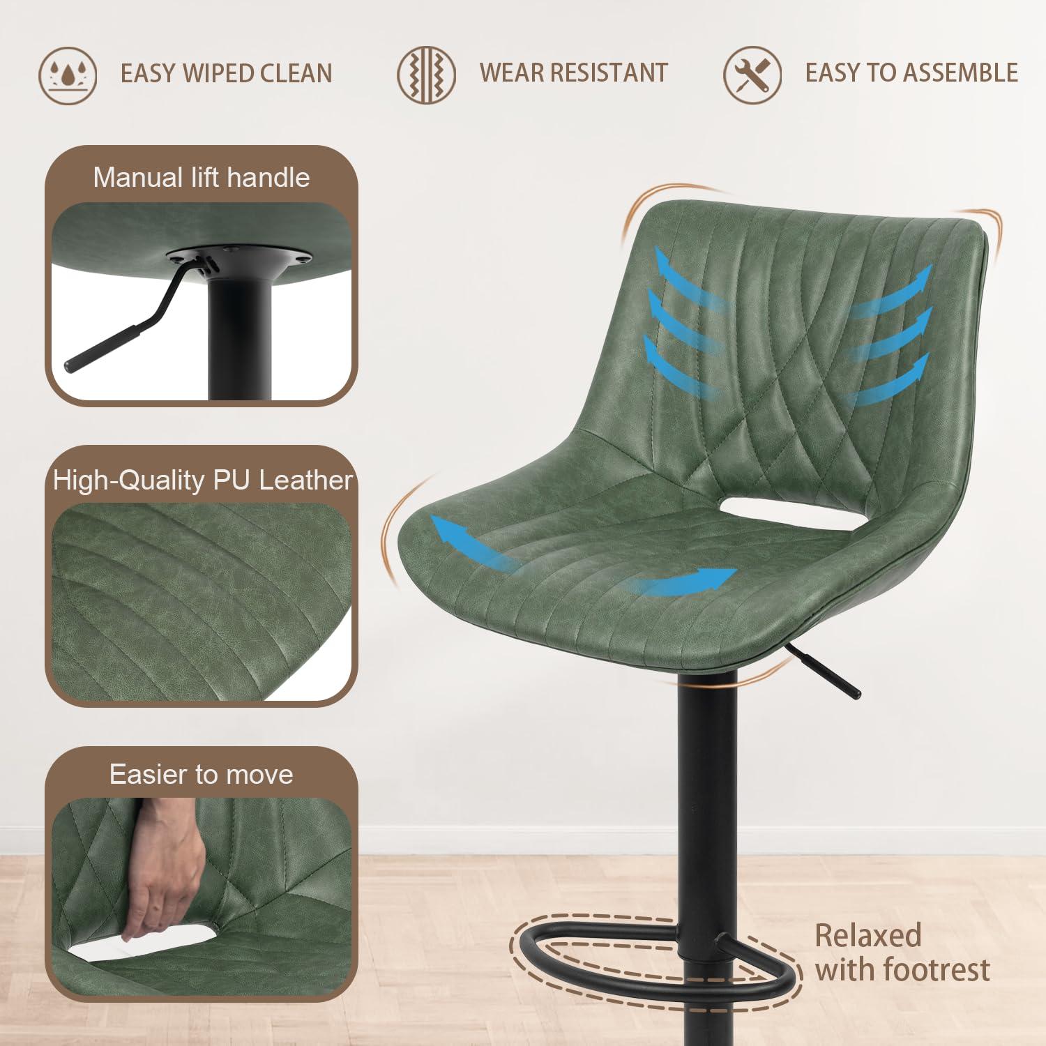 Restworld Set of 2 Modern Adjustable Bar Stools,Faux Leather Swivel Counter Stools with Sturdy Large Base, Ideal for Kitchen and Dining Areas,Green