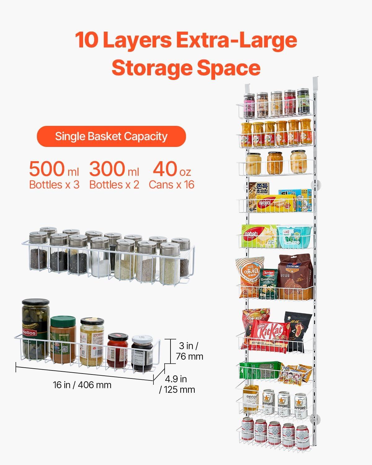 VEVOR Over the Door Pantry Organizer, 10-Tier Pantry Organization and Storage, Heavy-Duty Steel Hanging Spice Rack, Adjustable Wall Seasoning Shelves, for Home Kitchen Laundry Room Bathroom, White