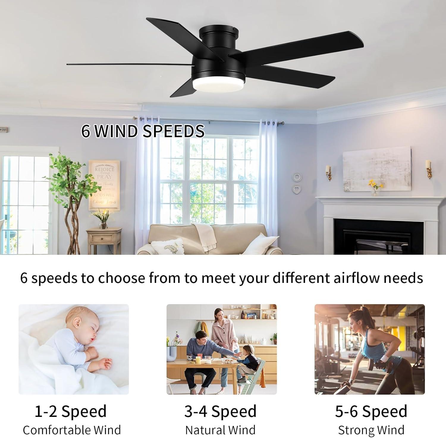 Low Profile 52" 5-Blades Indoor Flush Mount Ceiling Fan with Reversible DC Motor and Remote Control