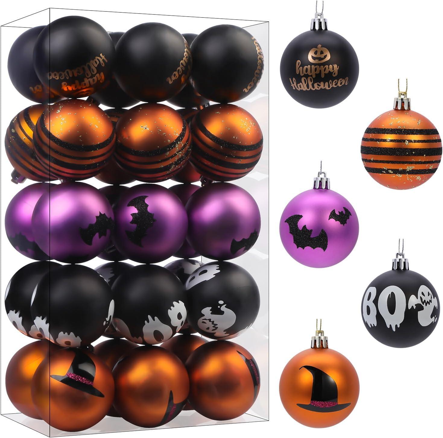 30CT 2.36 Inch Halloween Tree Ornaments, Colored Shatterproof Plastic Decorations Balls Baubles for Christmas Party Haunted House Decoration