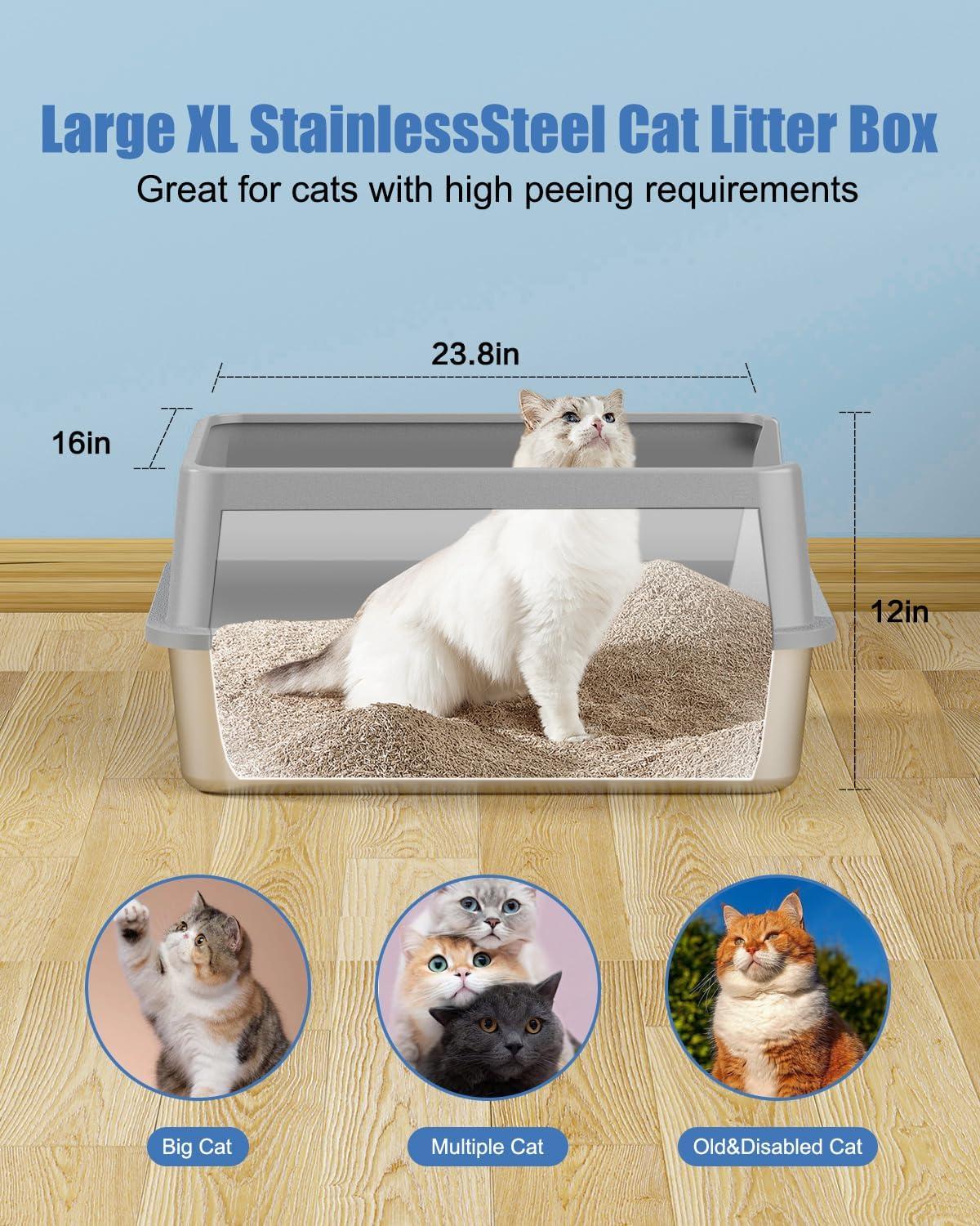 Enclosed Stainless Steel Cat Litter Box with Lid Extra Large Litter Box for Big Cats XL Metal Litter Pan Tray with High Wall Sides Enclosure, Non-Sticky, Anti-Leakage, Easy Cleaning