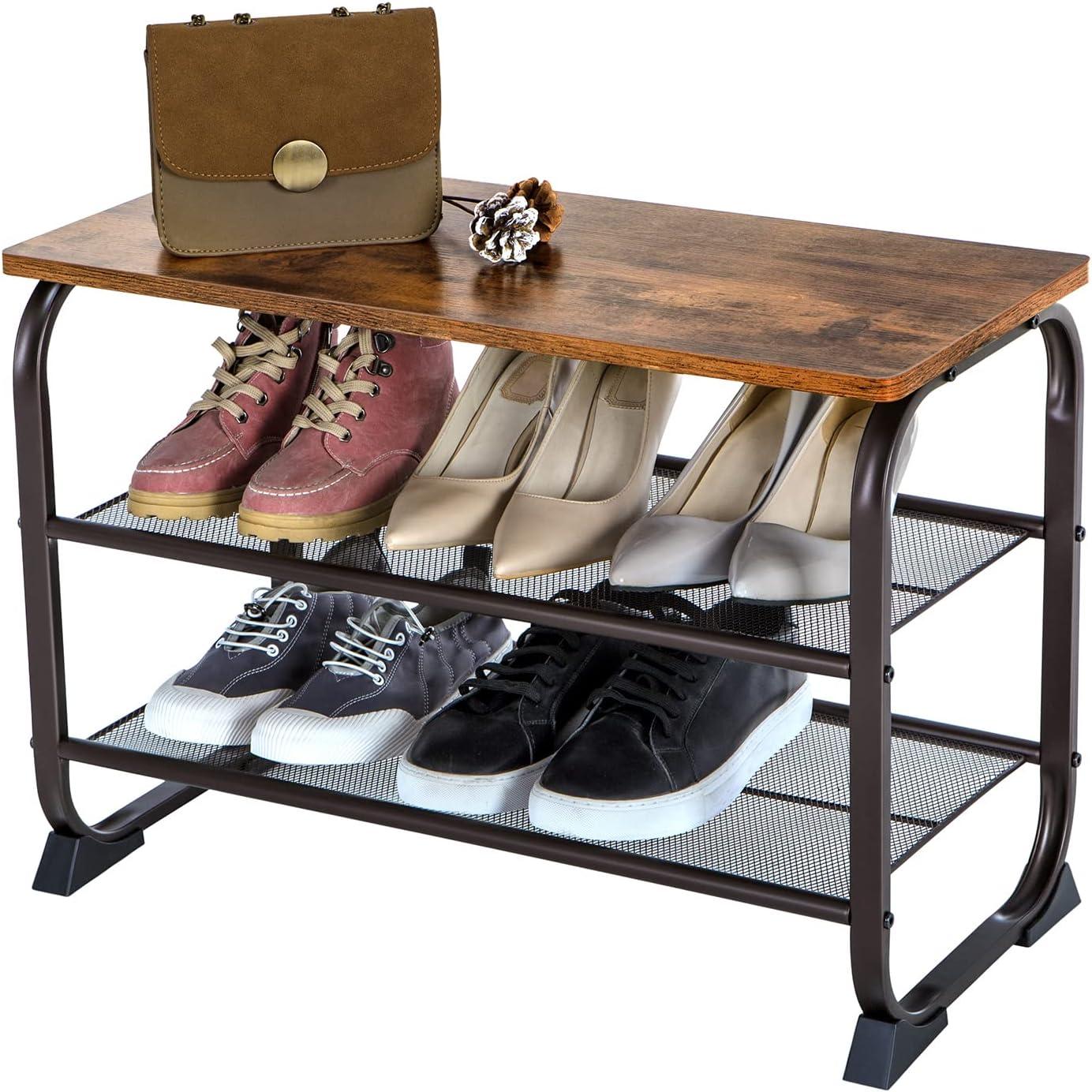 Rustic Brown Steel Frame 3-Tier Shoe Bench with Storage