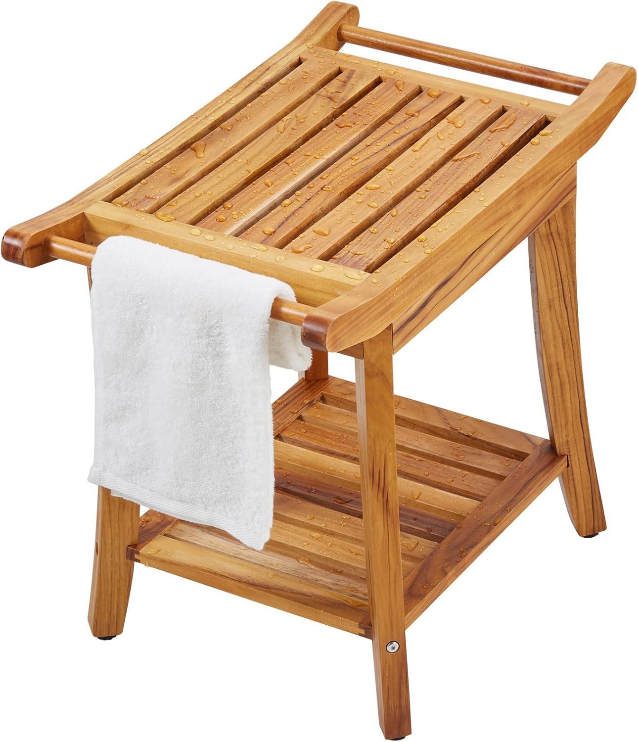 Teak Wood Shower Bench with Handles and Storage Shelf