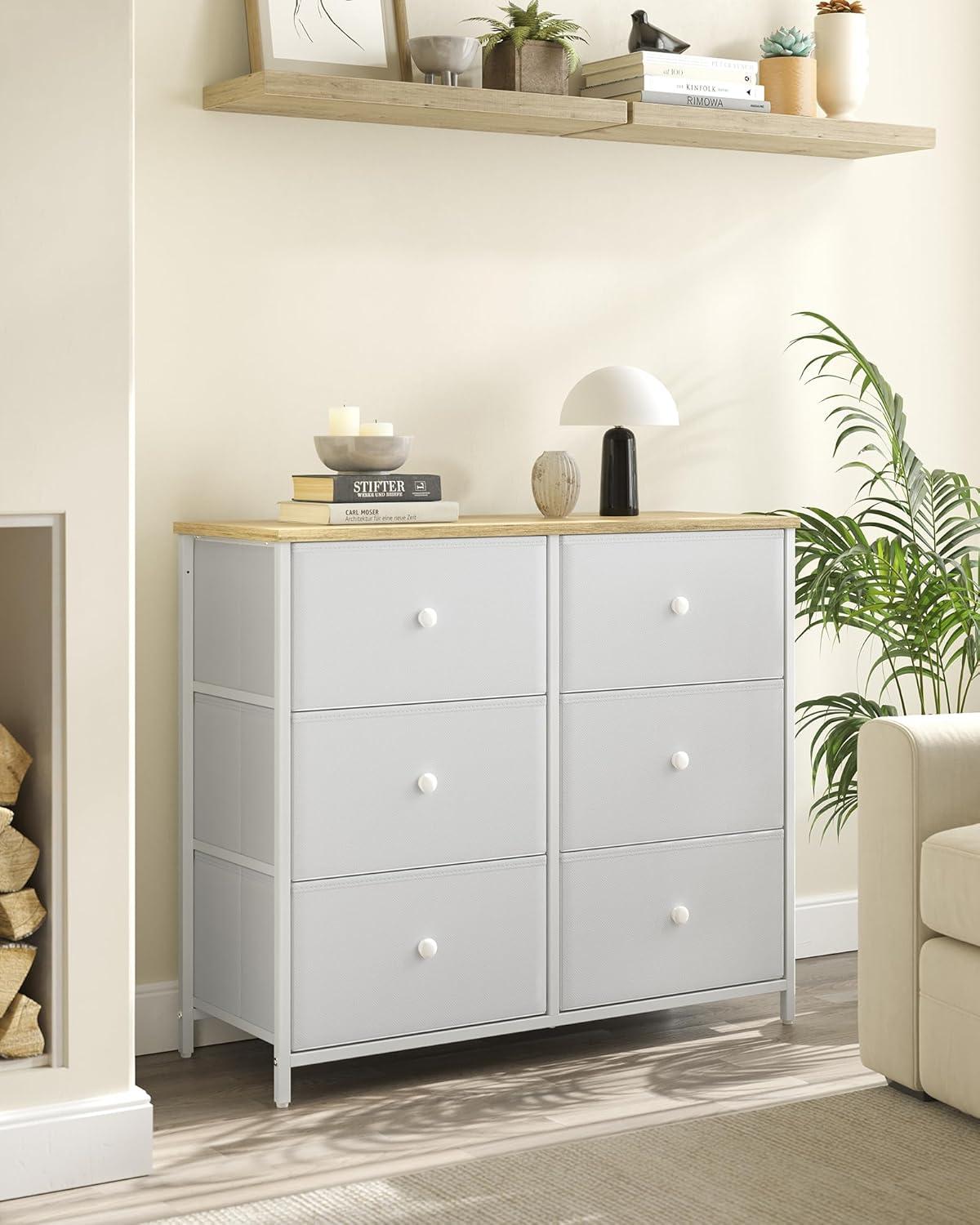 SONGMICS Dresser for Bedroom, Chest of Drawers, 6 Drawer Dresser, Closet Fabric Dresser with Metal Frame, Cream White and Oak ULTS323W57