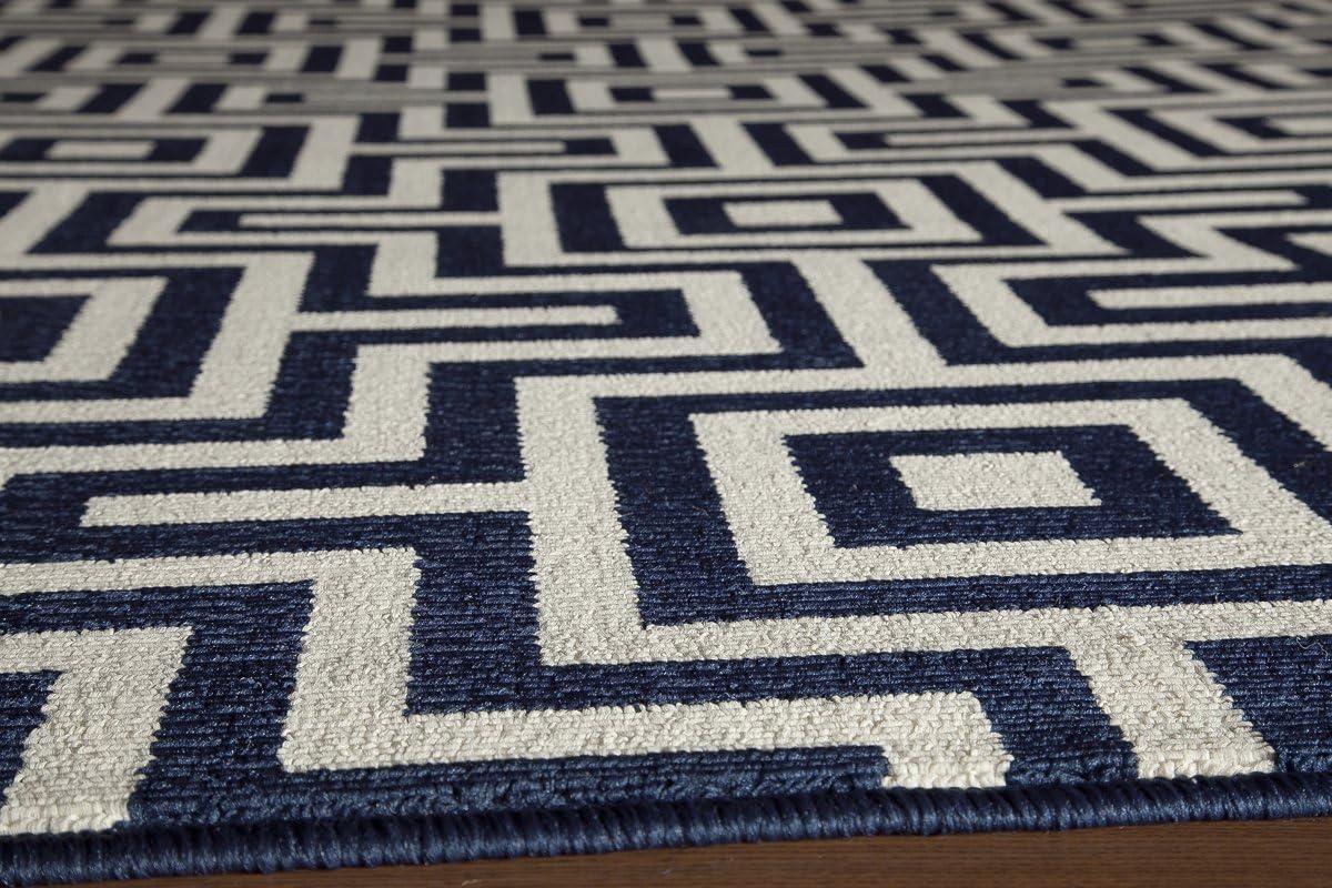 Navy and White Geometric Synthetic Indoor/Outdoor Rug