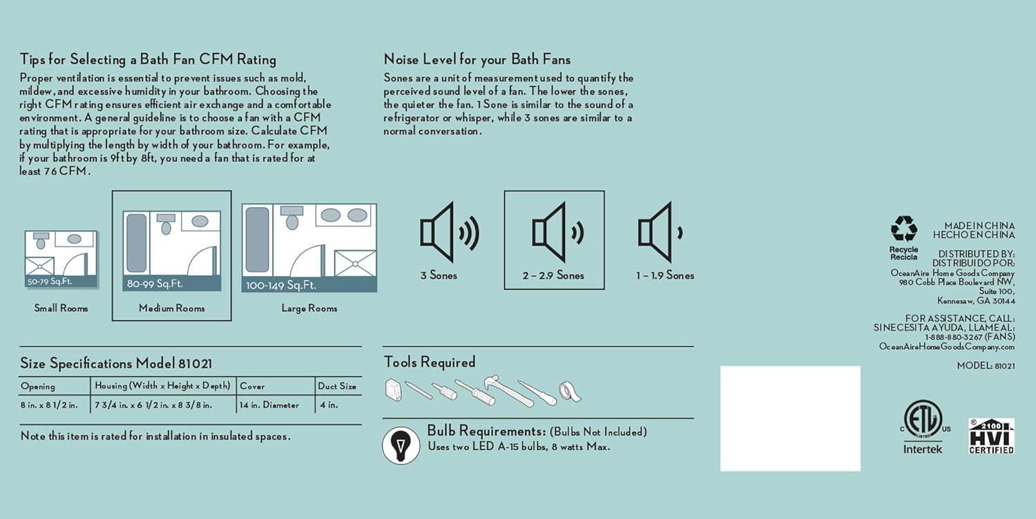 Good Housekeeping Abbey (81021) Decorative 90 CFM 2.5 Sones Bathroom Ventilation Exhaust Fan with Light