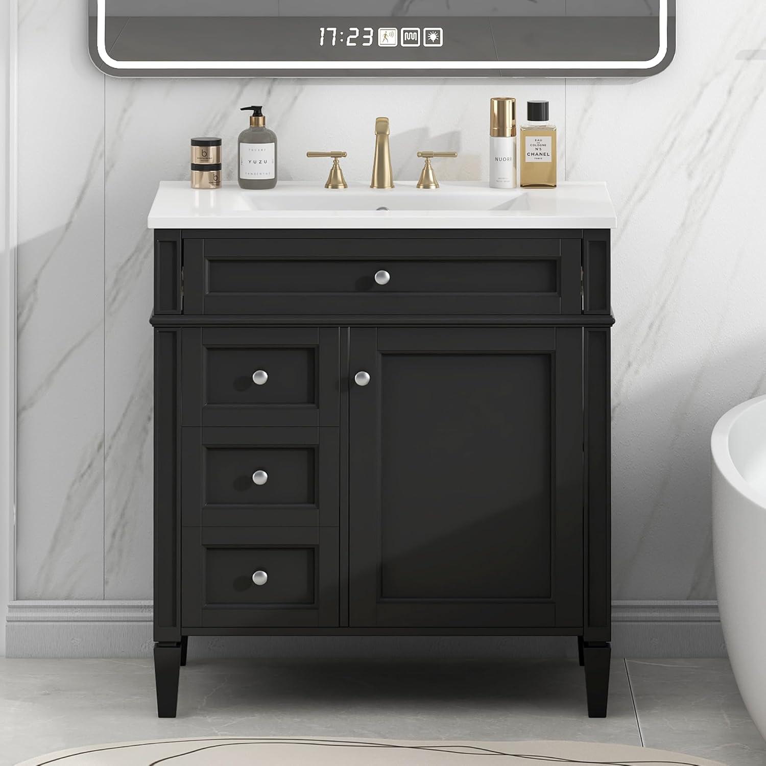 HLILish 30'' Bathroom Vanity With Top Sink, Modern Bathroom Storage Cabinet With 2 Drawers And A Tip-Out Drawer, Single Sink Bathroom Vanity