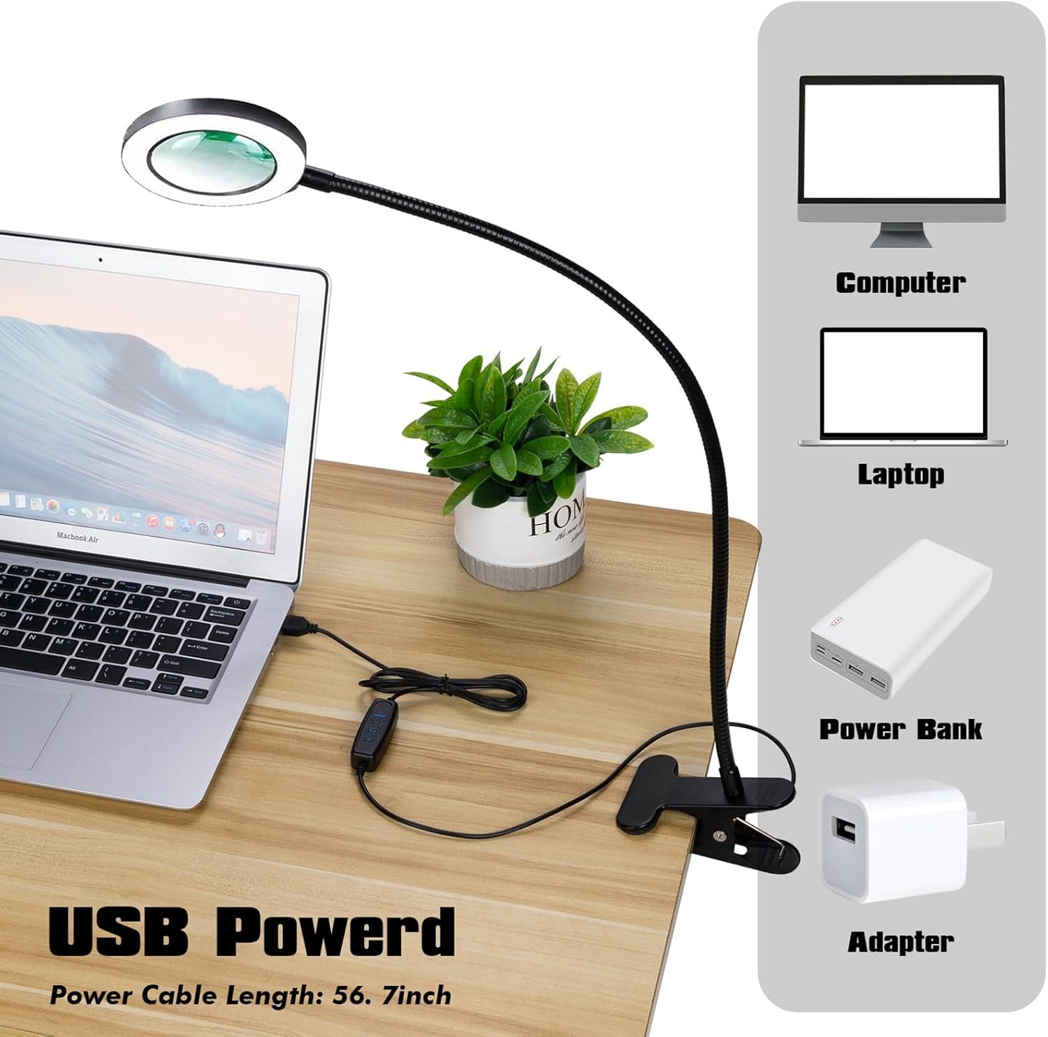 Desk Magnifying Glass with Light 10x, Magnifer with 3 Light Color, 10 Adjustable Brightness, Flexible Gooseneck, Magnifying Lamp with Clamp for Craft, Diamond Painting, Soldering, Elderly