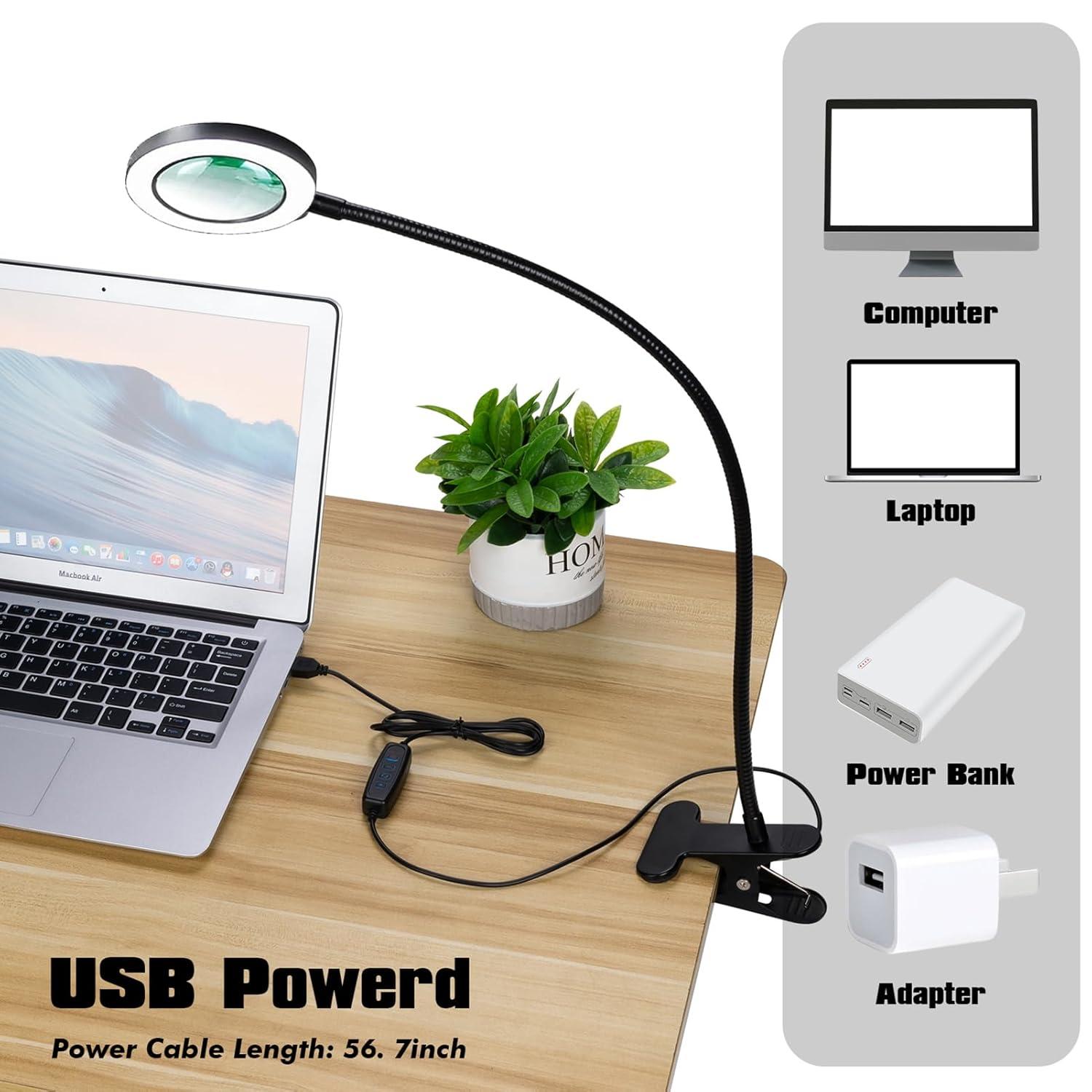 Desk Magnifying Glass with Light 10x, Magnifer with 3 Light Color, 10 Adjustable Brightness, Flexible Gooseneck, Magnifying Lamp with Clamp for Craft, Diamond Painting, Soldering, Elderly