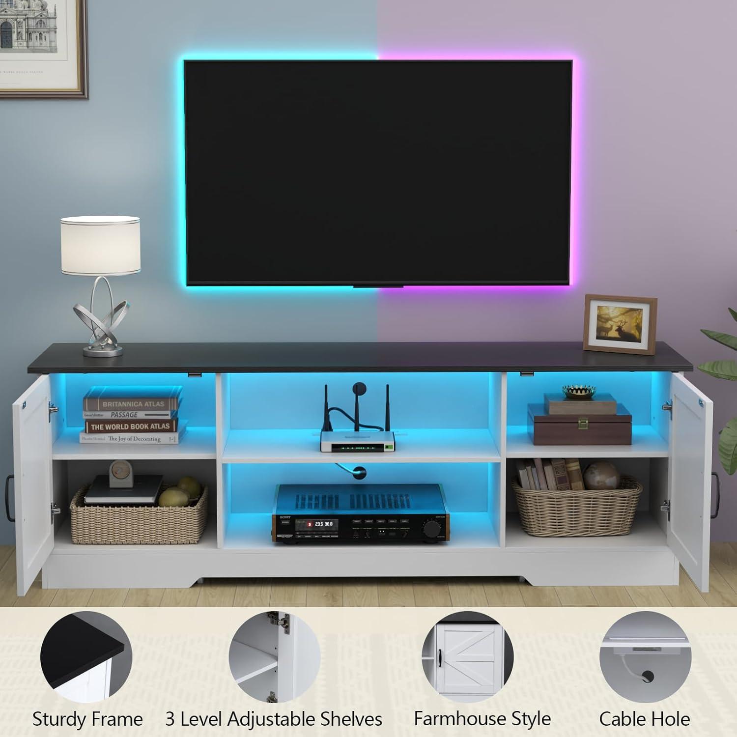 White Farmhouse TV Stand with LED Lights and Storage