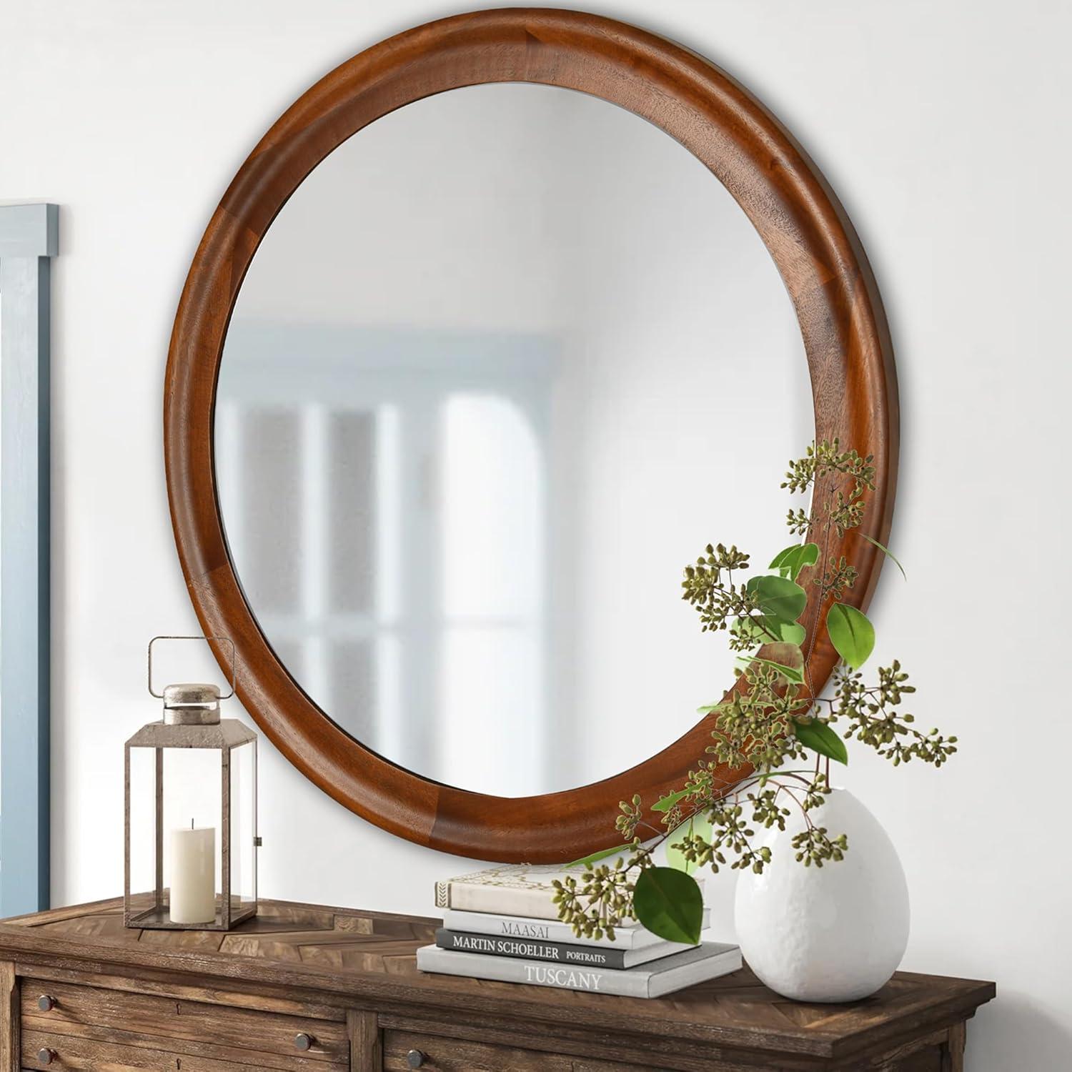 Latitude Run® Round Mirrors 30 Inch,Wood Vanity Wall Rustic Mirror With Walnut Frame, Wooden Mirror For Bathroom Bedroom Living Room Or Entryway(Walnut Brown)