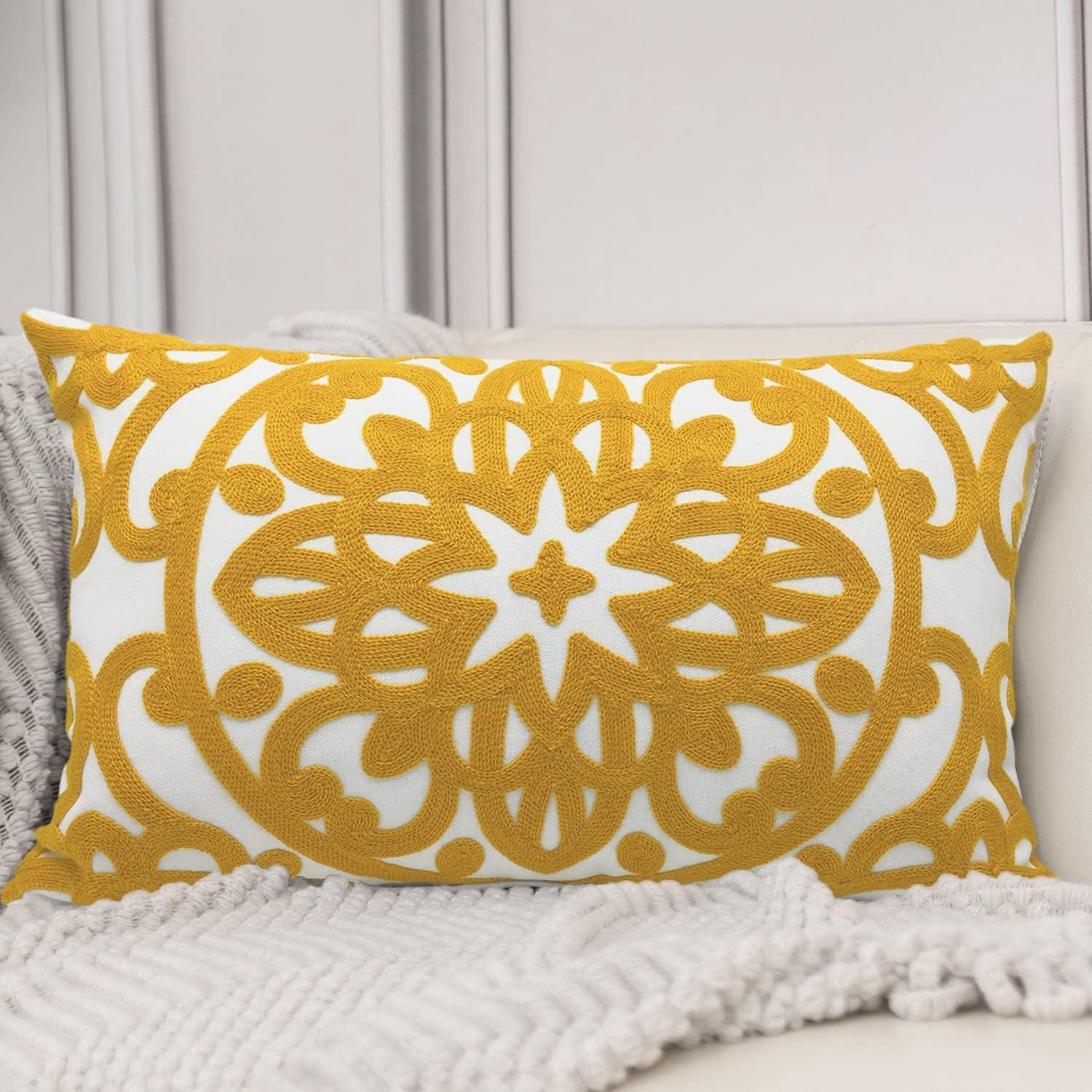 Mustard Yellow Cotton Embroidered Lumbar Pillow Cover 12" x 20"