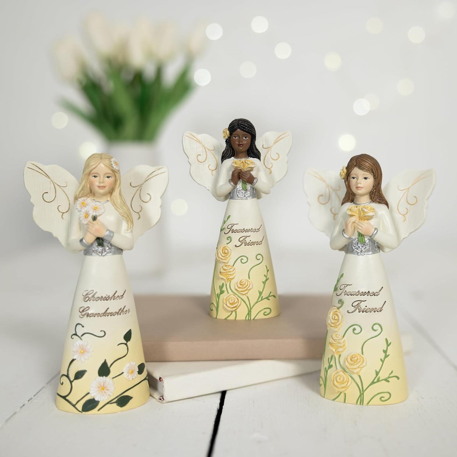 Pavilion - Treasured Friend - 5" Ebony African American Angel Figurine Floral Spring Home Decor Bestie BFF Best Friend Present