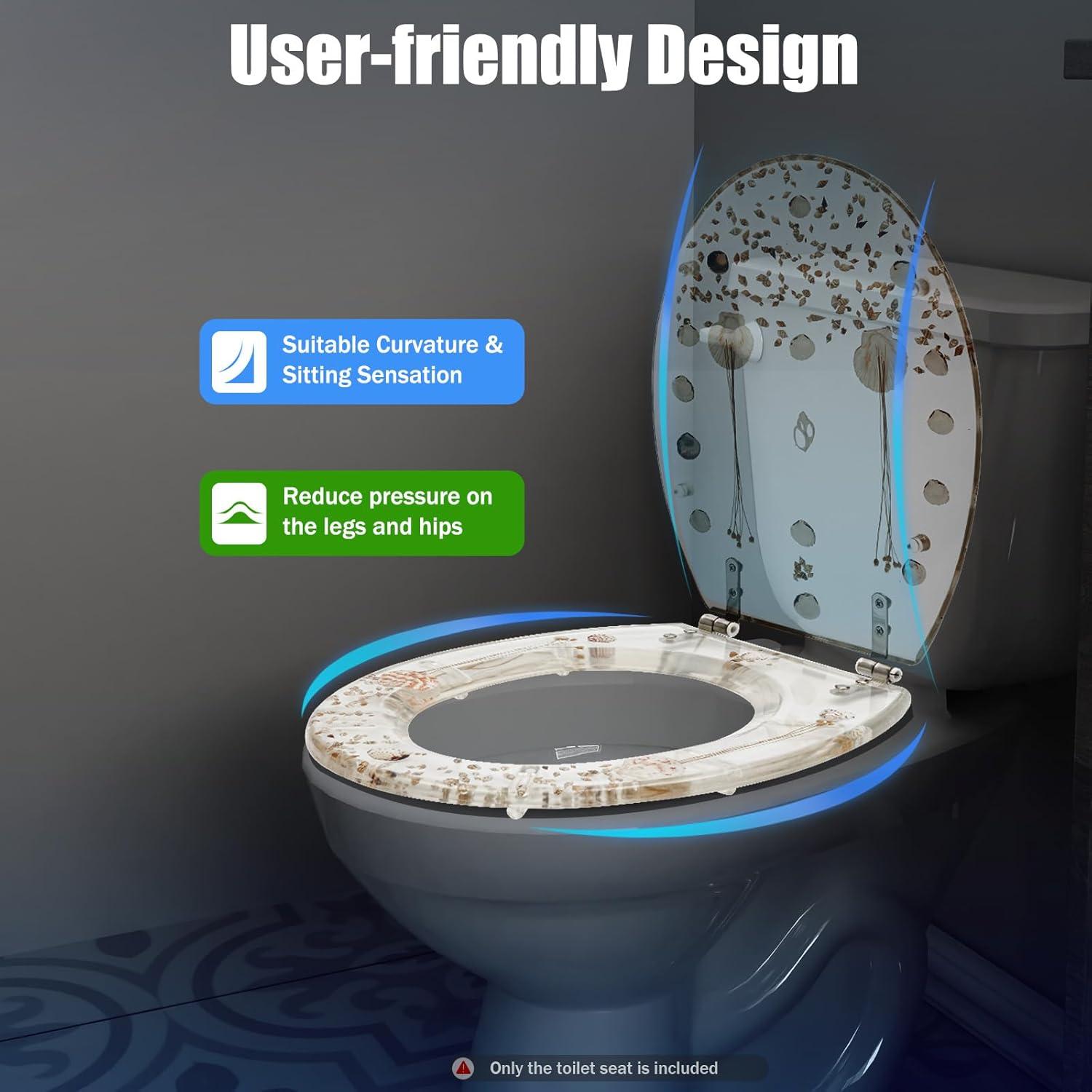 Transparent Resin Shell Polyresin Toilet Seat, Decoration Transparent Safety U/V Shape Seashell Sea Plants Decor Bathroom Toilet Seat with Hinges