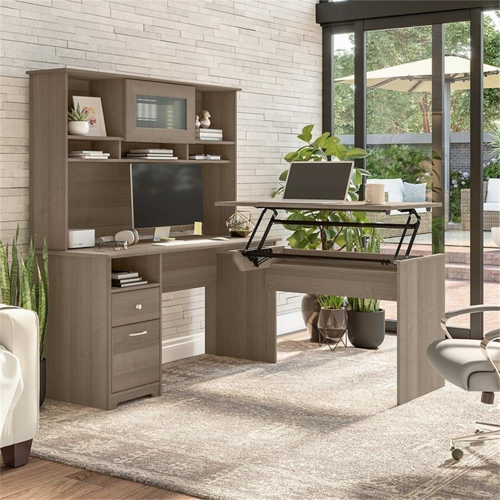 Cabot 60W 3 Position Sit to Stand L Desk & Hutch in Espresso Oak - Eng Wood