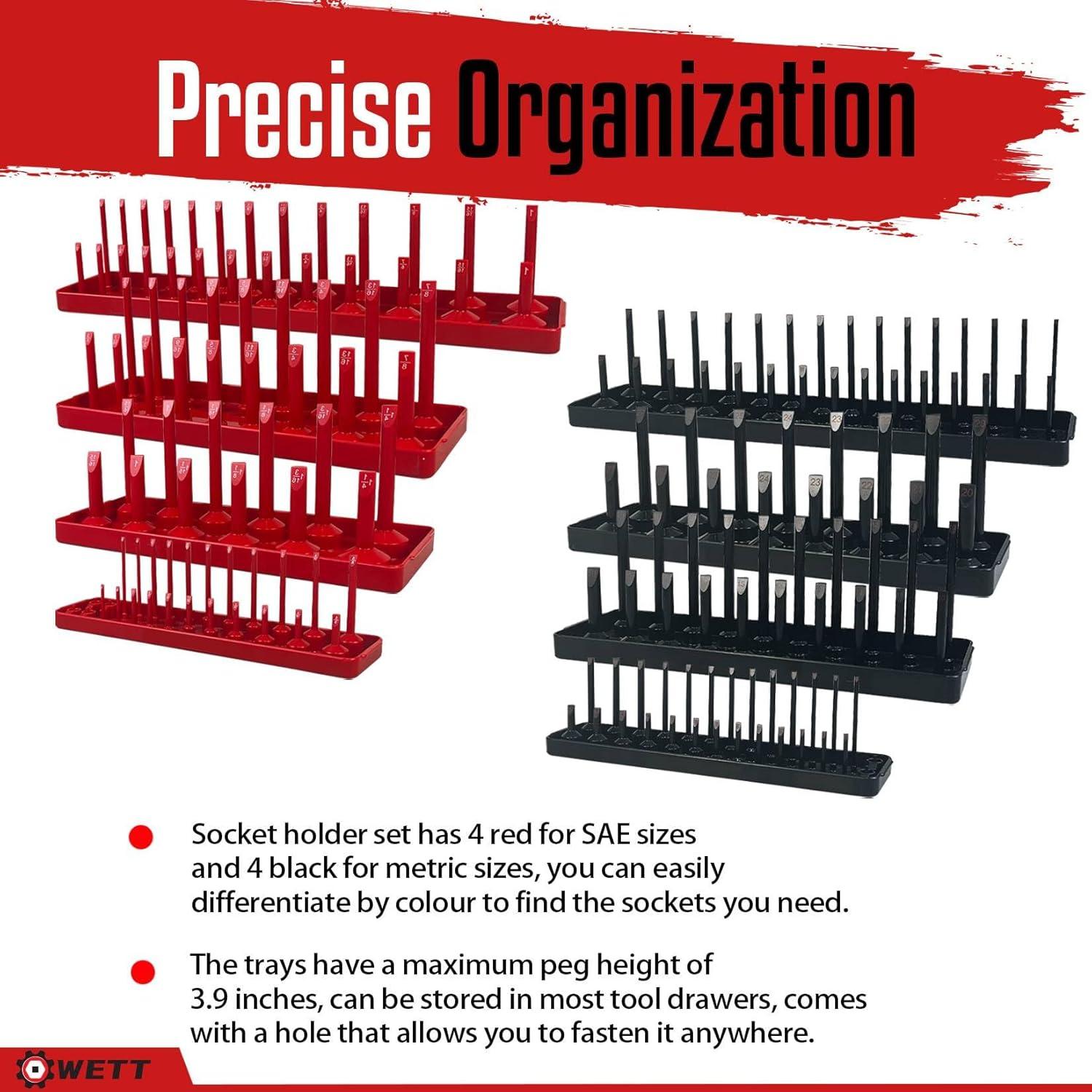 WETT Socket Organizer Tray Set, 8-Piece Socket Holder Set, 1/4", 3/8", 1/2" Drive Sockets Trays Organizers for Toolbox, Store 176pcs SAE & Metric, Standard Shallow and Deep Size Sockets, Black & Red