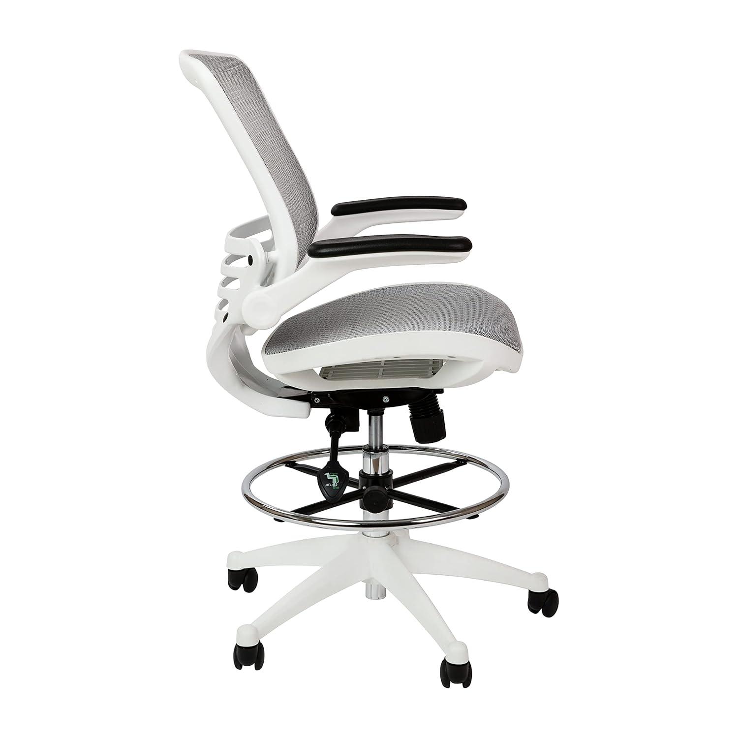 Emma and Oliver Gray Mid-Back Mesh Drafting Chair with White Frame and Flip-Up Arms