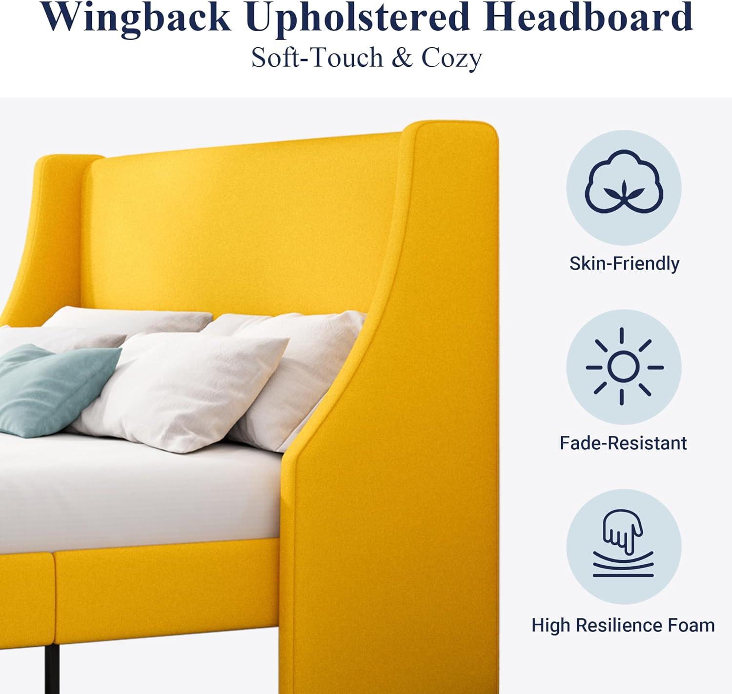 Allewie Platform Bed Frame Queen Size with Upholstered Headboard, Modern Deluxe Wingback, Wood Slat Support, Mattress Foundation, Light Yellow