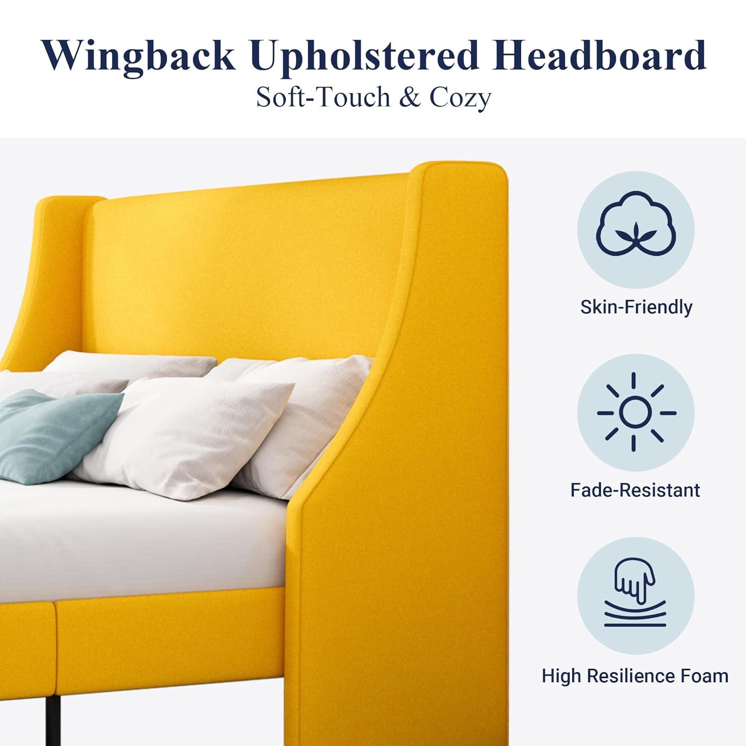 Allewie Platform Bed Frame Queen Size with Upholstered Headboard, Modern Deluxe Wingback, Wood Slat Support, Mattress Foundation, Light Yellow