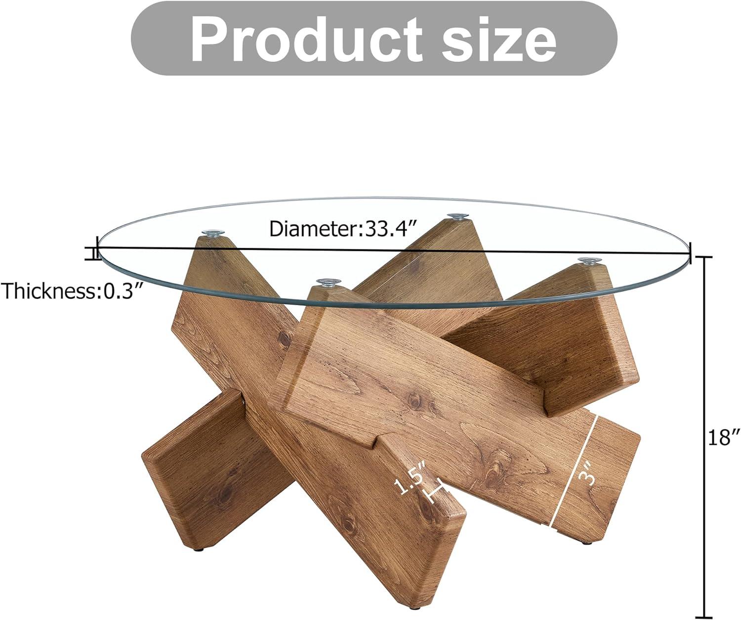 PAPROOS Round Coffee Table for Living Room, Modern Small Coffee Table with Tempered Glass Countertop and Patterned MDF Legs, Enter Table Side Table Glass Coffee Table, Easy Assembly, Natural Wood