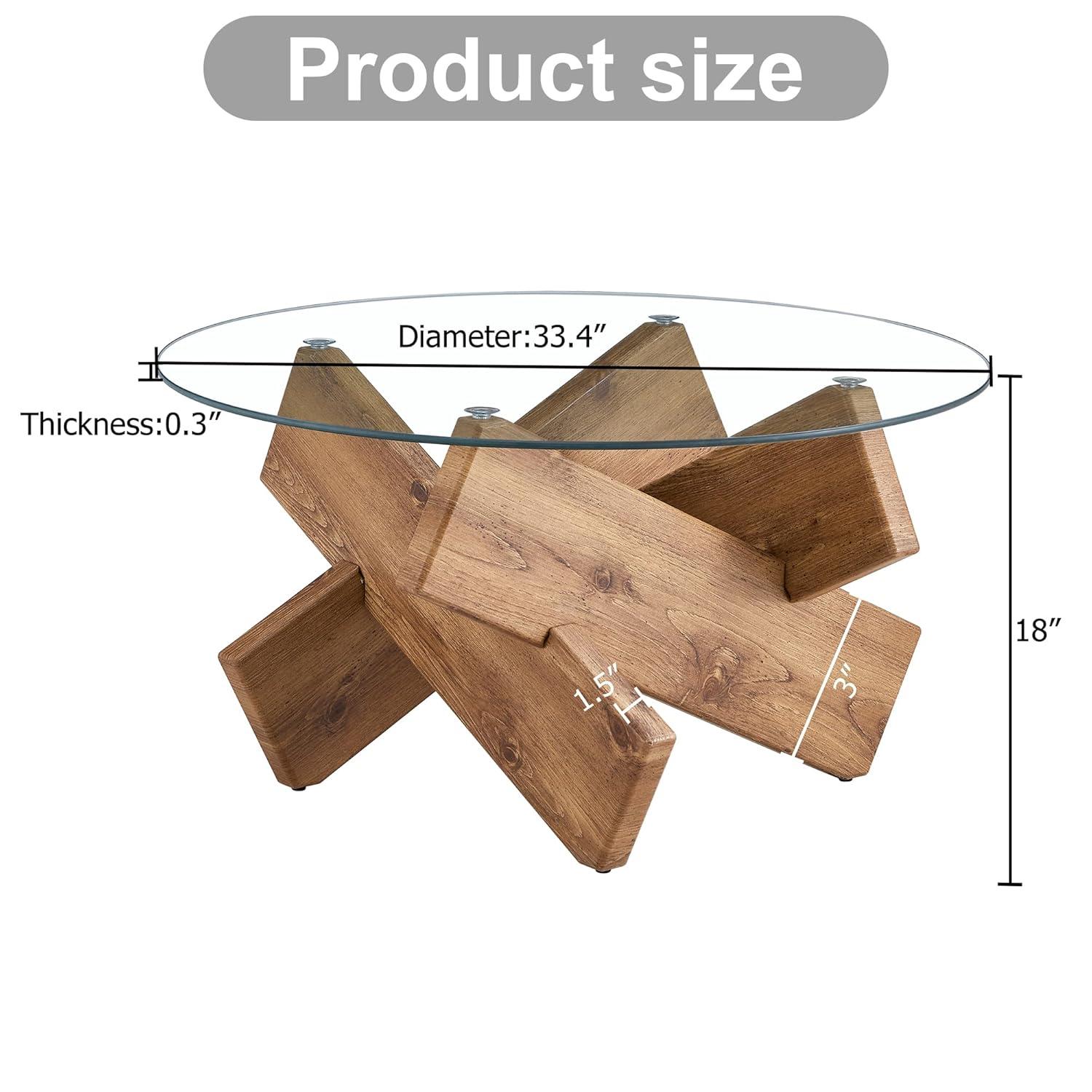 PAPROOS Round Coffee Table for Living Room, Modern Small Coffee Table with Tempered Glass Countertop and Patterned MDF Legs, Enter Table Side Table Glass Coffee Table, Easy Assembly, Natural Wood