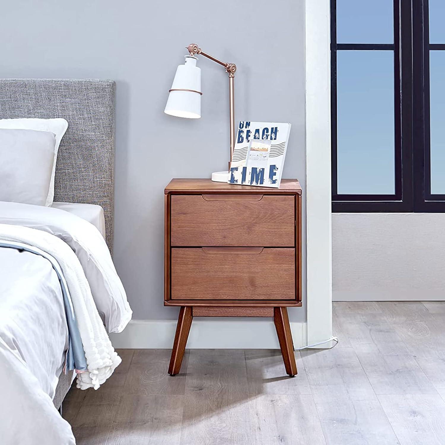 MUSEHOMEINC Mid Century Solid Wood Walnut Nightstands with Two Drawers - Modern Bedside Table with Drawers,Minimalist Bedroom Furniture,End Table,Stylish Nightstands for Bedroom,Living Room