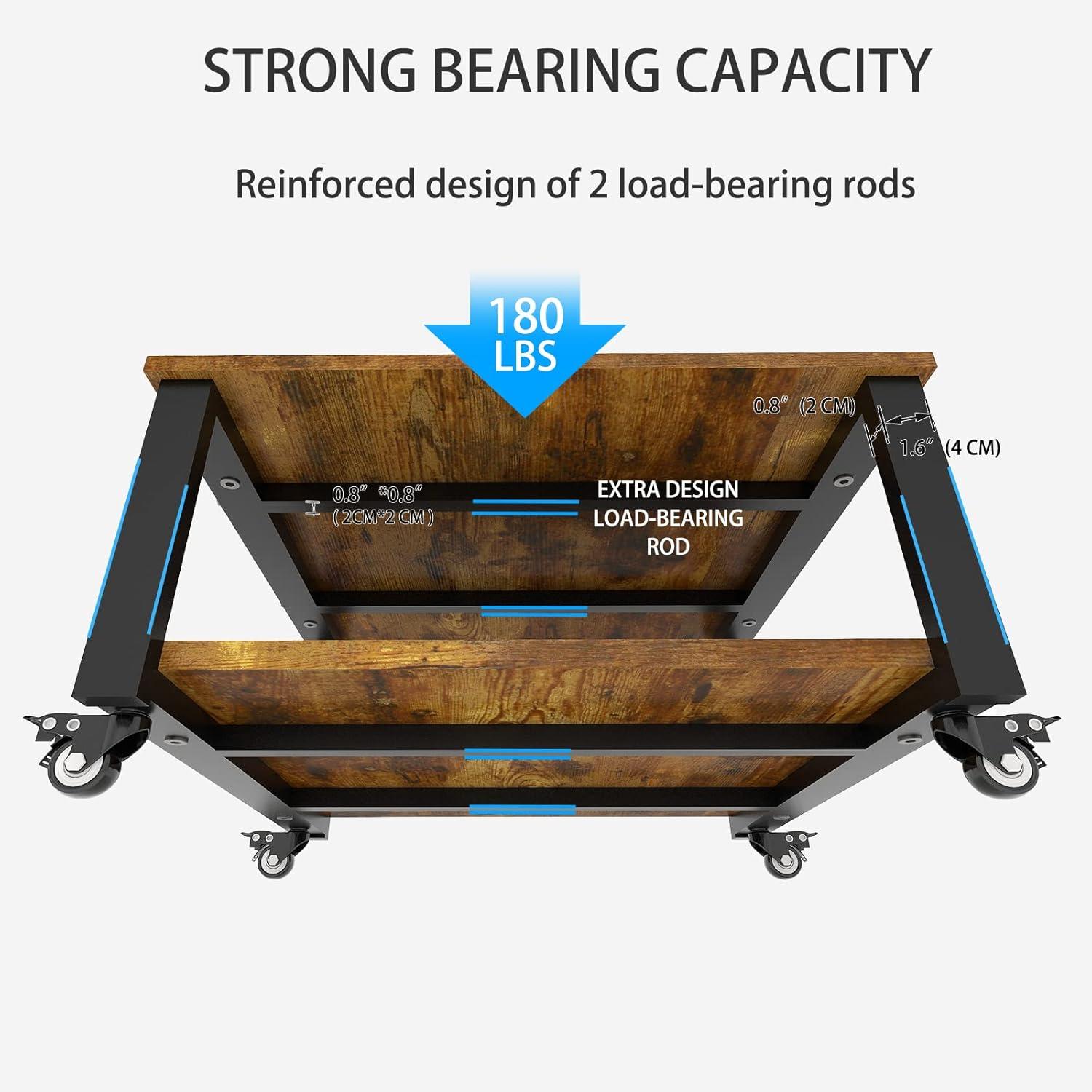 Retro Industrial Large Printer Stand with Storage Shelf and Wheels