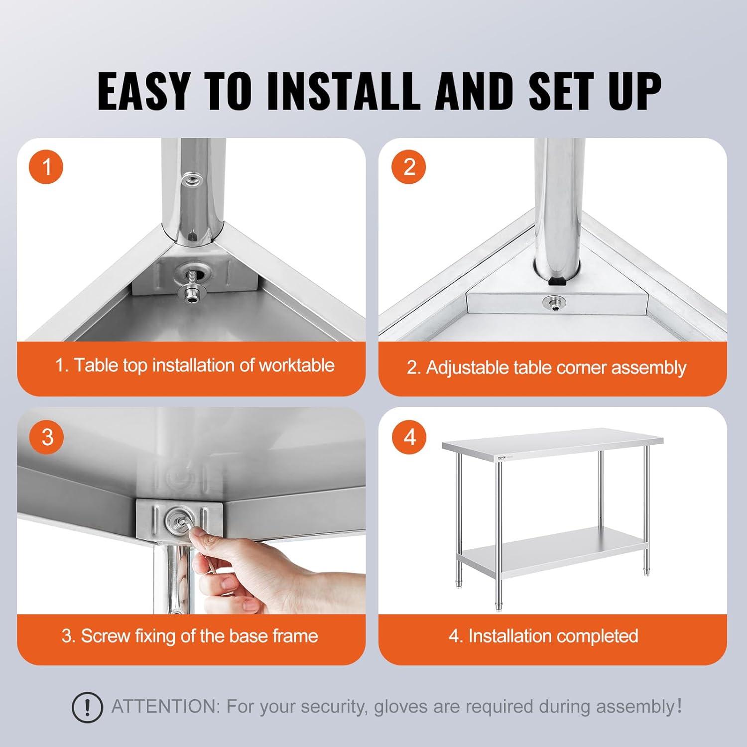 VEVOR 48'' Stainless Steel Prep Table with Adjustable Undershelf