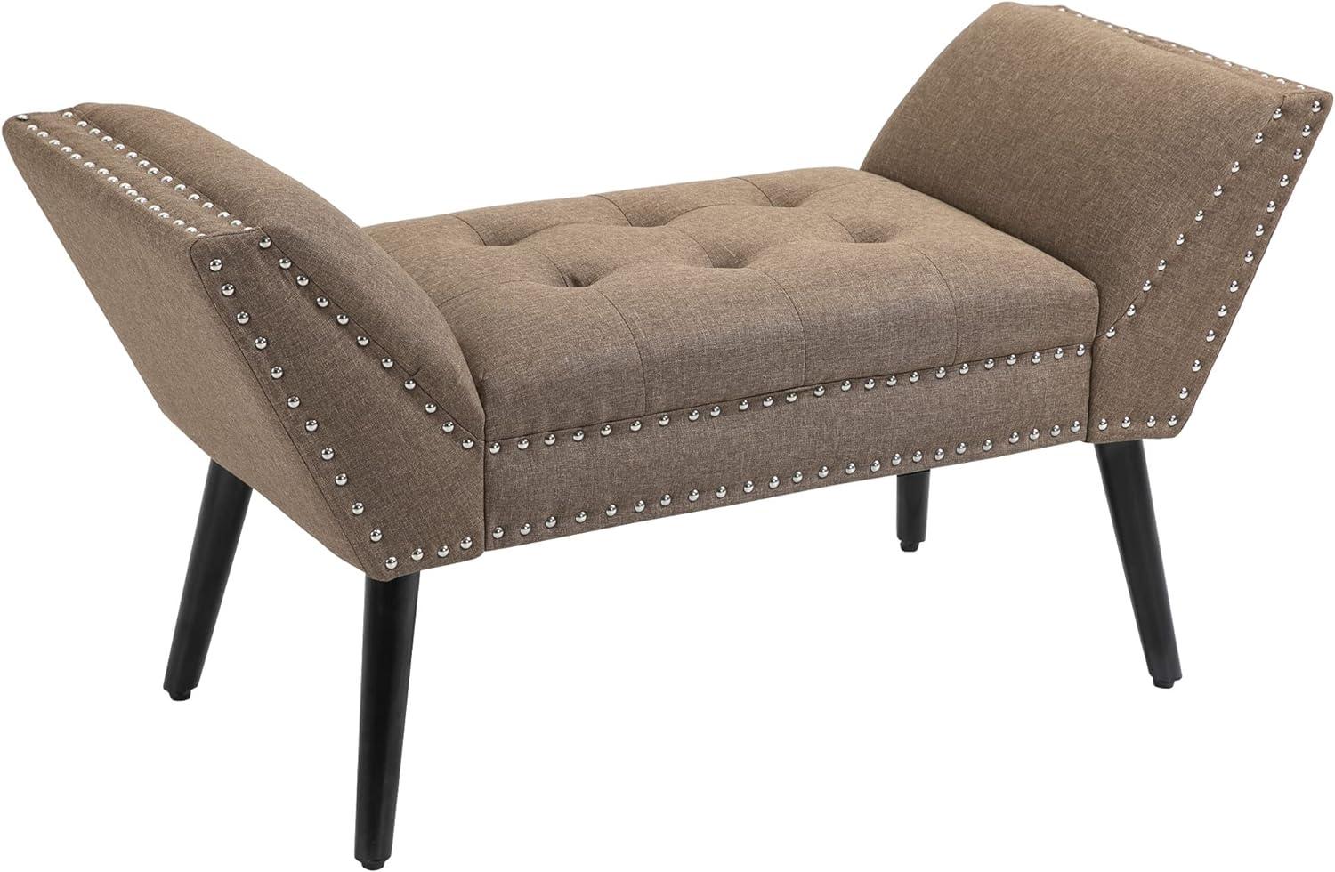 Brown Linen Backless Tufted Upholstered Bench with Arms