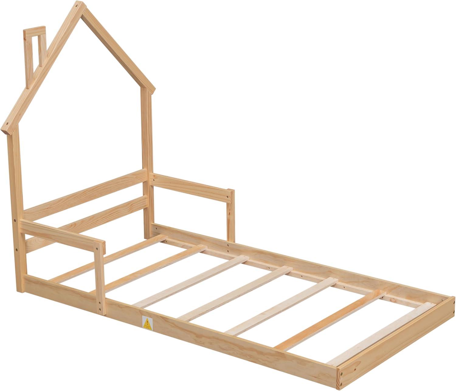 Sesslife Twin Bed Frame with House-Shape Headboard, Wood Platform Bed with Guardrail for Kids Teens, Cute Floor Bed with Strong Wood Slats Support, Easy Assembly, No Box Spring Needed, Oak