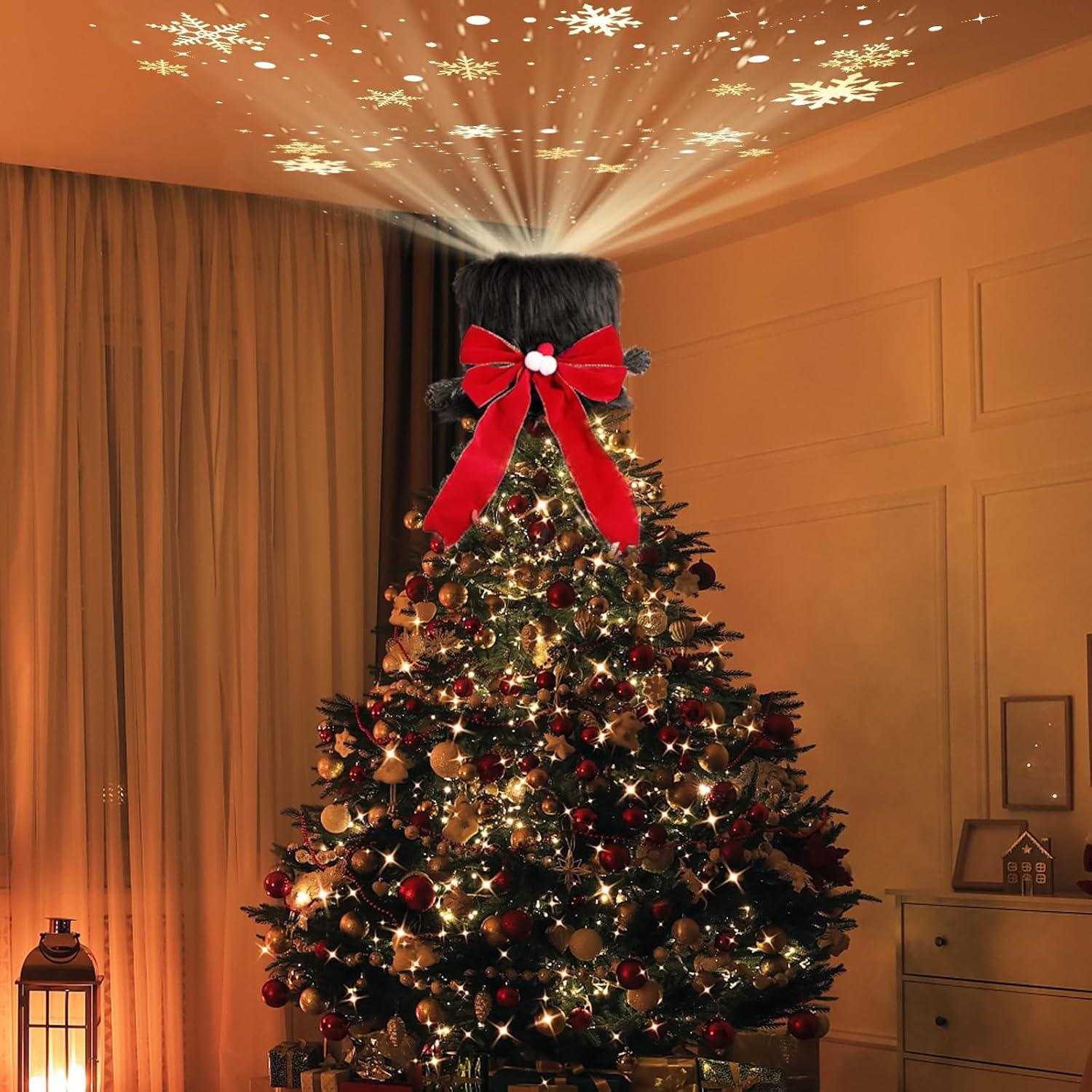 Black Plush Christmas Tree Topper Hat with Red Bow and LED Projector