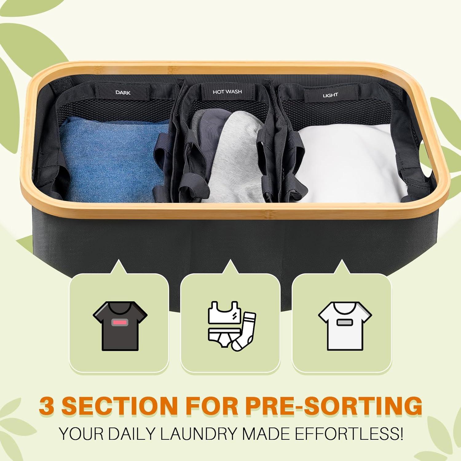 JASODI Laundry Hamper with Lid, 160L Extra Large Laundry Basket 3 Section Dirty Clothes Hamper for Laundry with Removable Laundry Bags