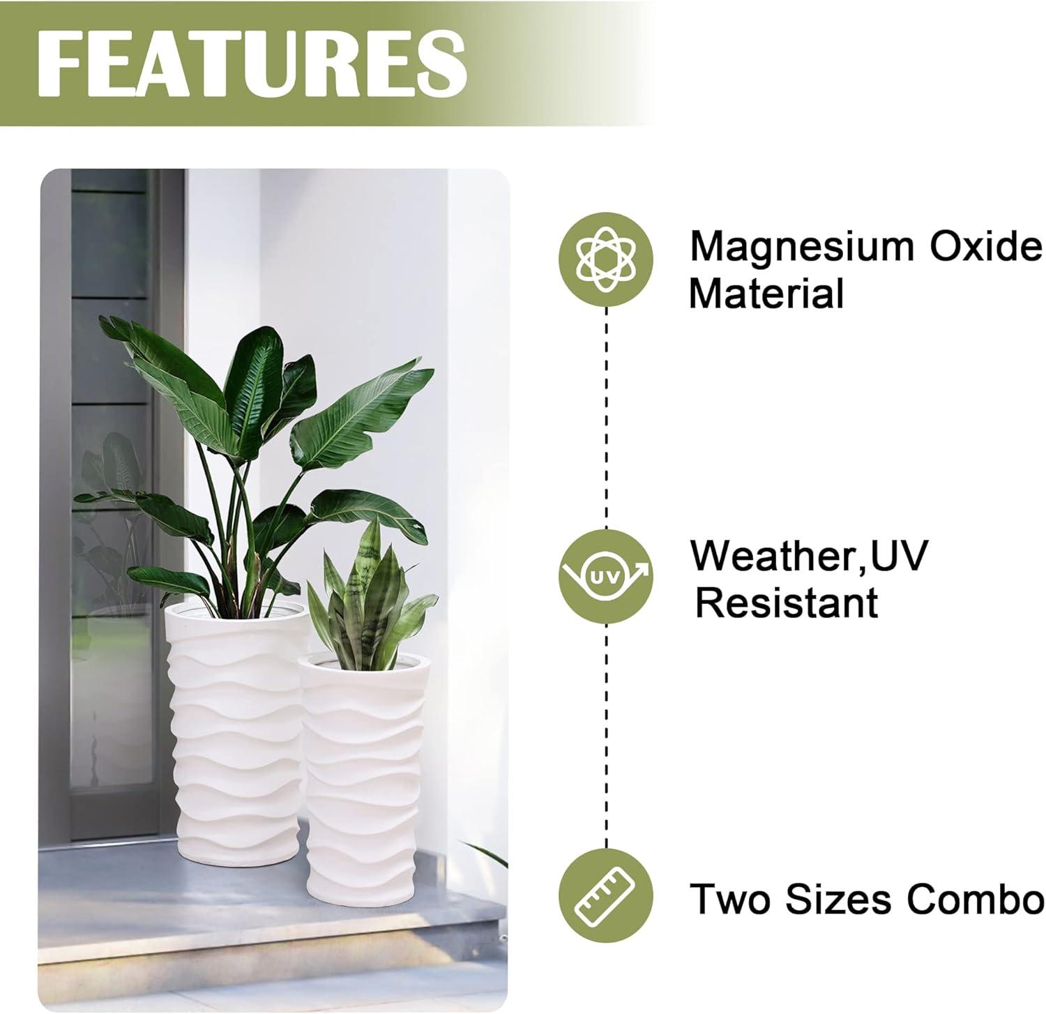 LuxenHome Planters for Outdoor Plants, Set of 2 Garden Plant Pots Indoor Outdoor, MgO Planting Flower Large Pot Planters, White Balcony Tall Planter