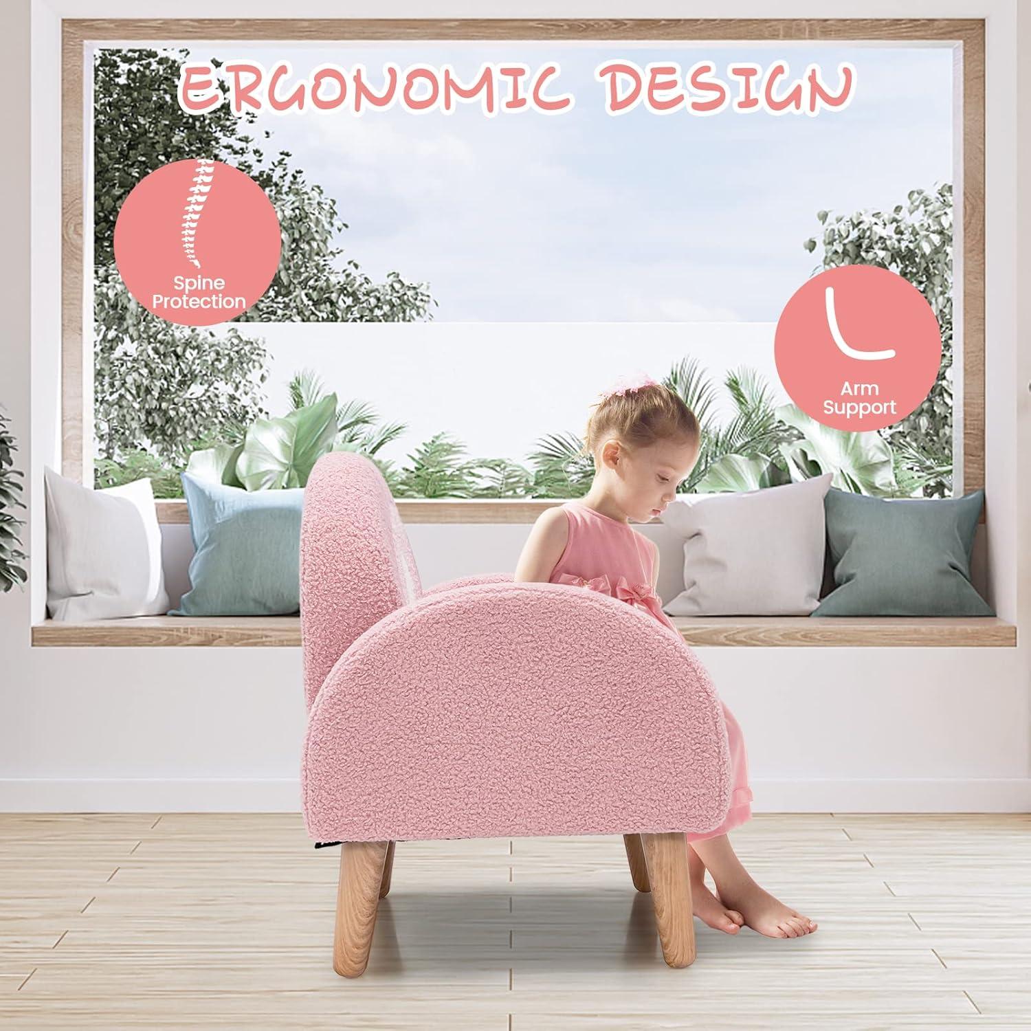 Pink Velvet Kids Armchair with Wooden Legs