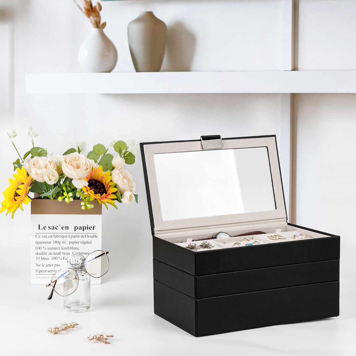 Latitude Run® Stackable Jewelry Trays, 4-Tier Jewelry Box, Drawer Jewelry Organizer, With Glass Lid, Removable Dividers, For Vanity Table, 6.7 X 11 X 7.2 Inches, Cloud White